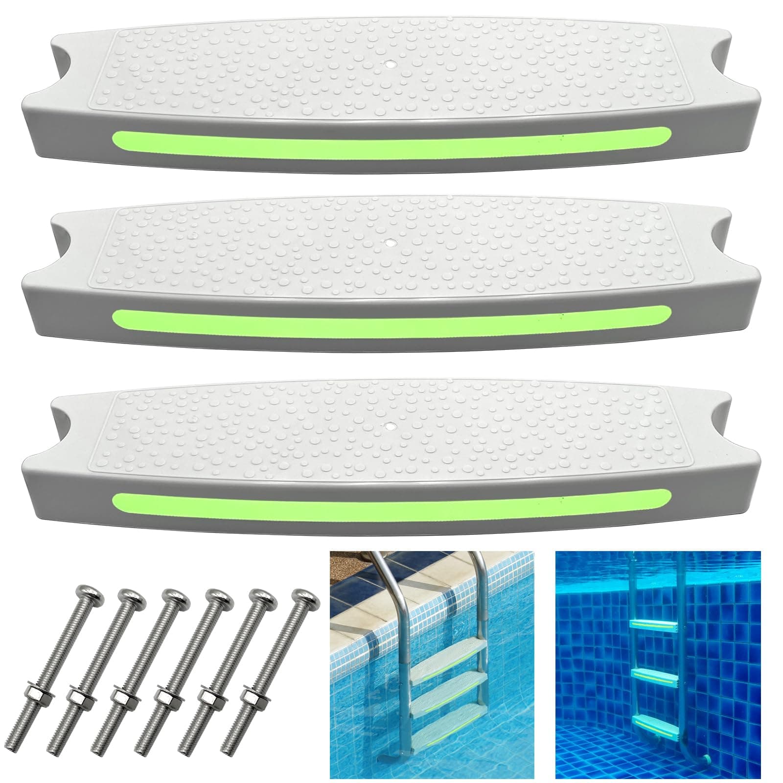 Pool Ladder Steps Replacement, 18" Universal Heavy Duty Pool Ladder Steps, Swimming Pool Ladder Steps for Inground Pools & Above Ground Pool with 6 PCS Bolts and 3 Reflective Strips (3 Pack)