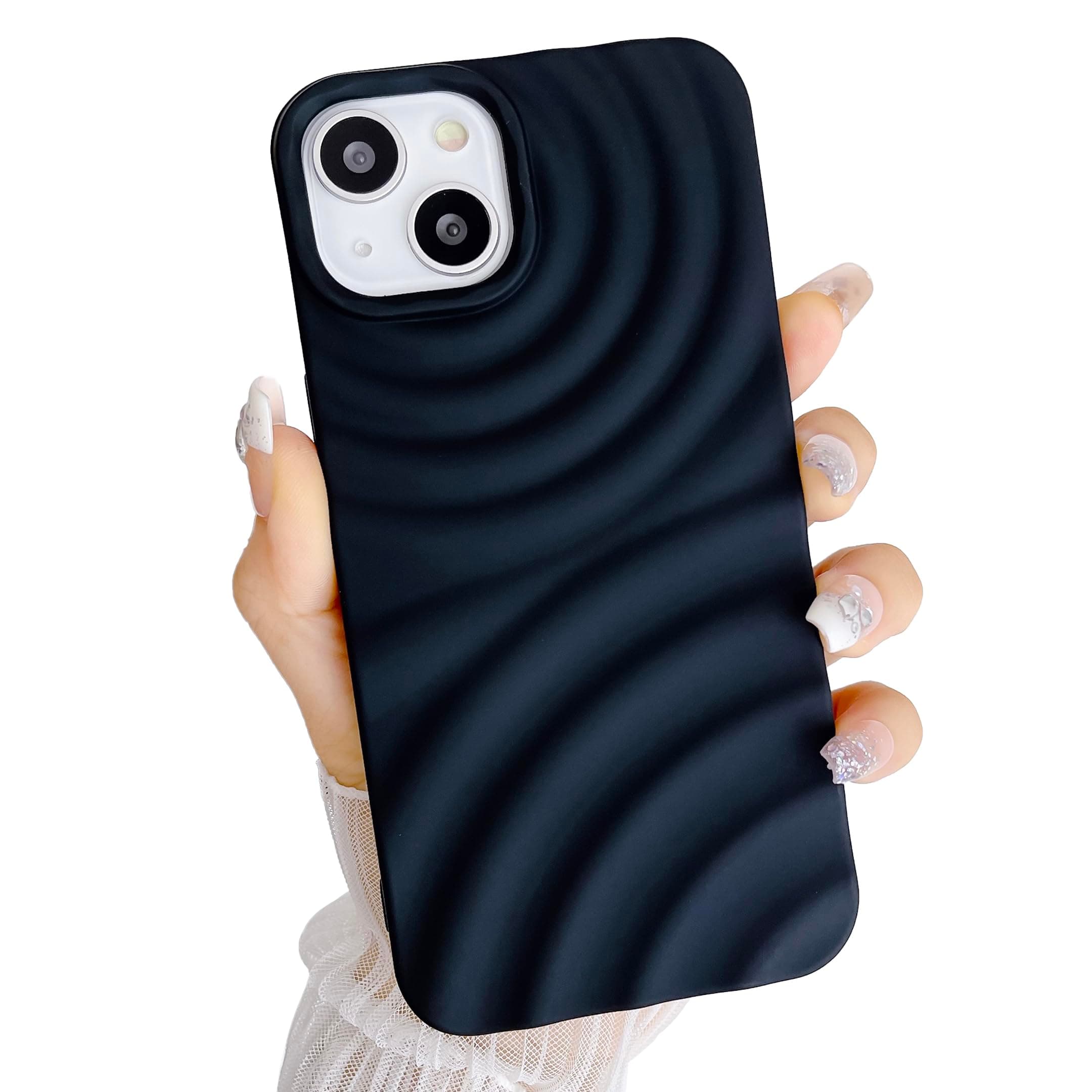 YIKUSO Cute Water Ripple Pattern Wave Shape Camera Lens Protection Soft Compatible for iPhone 13 Case（Black）