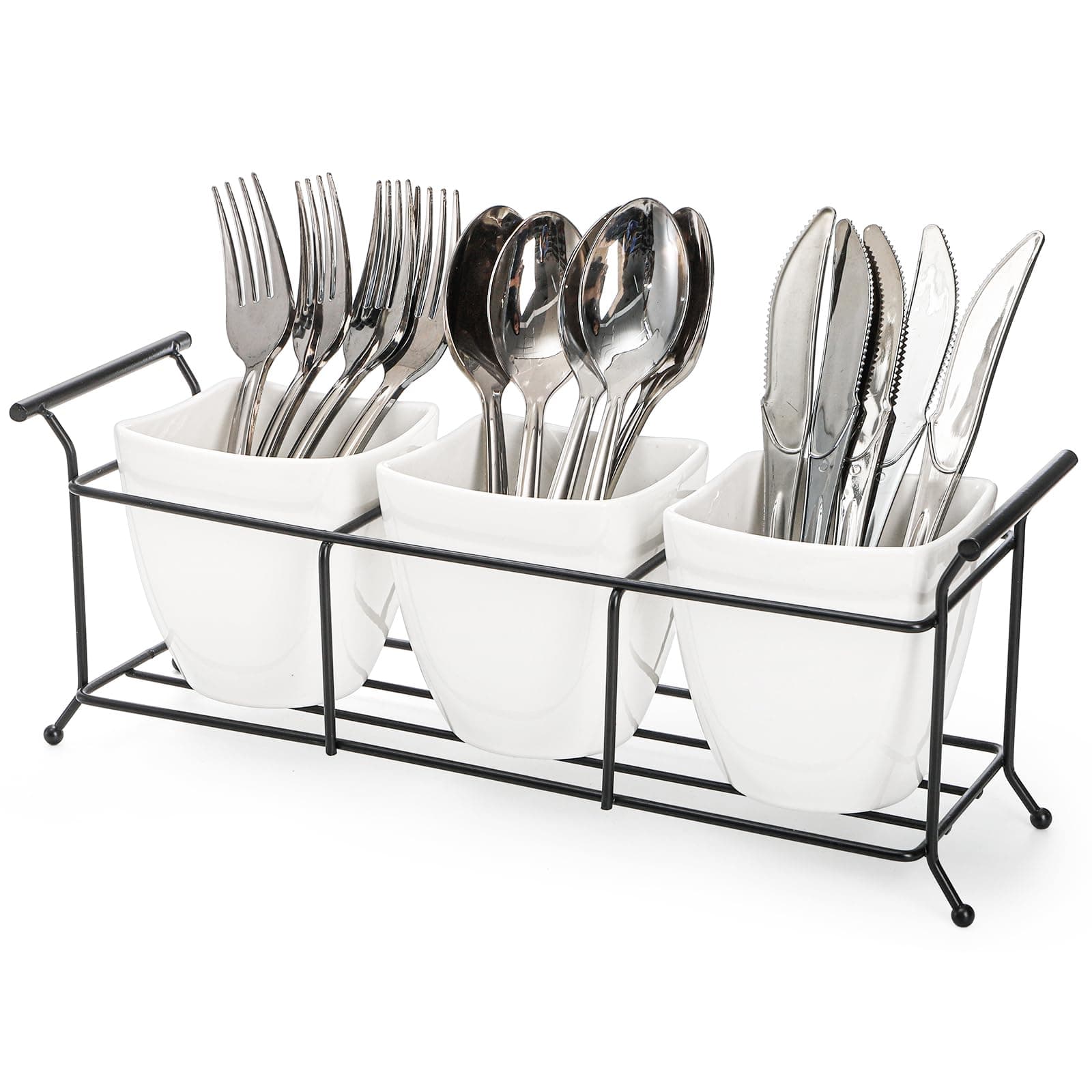 Bekith 3-Piece Ceramic Flatware Caddy with Metal Rack, Utensil Holder Silverware Caddy Cutlery Organizer, White