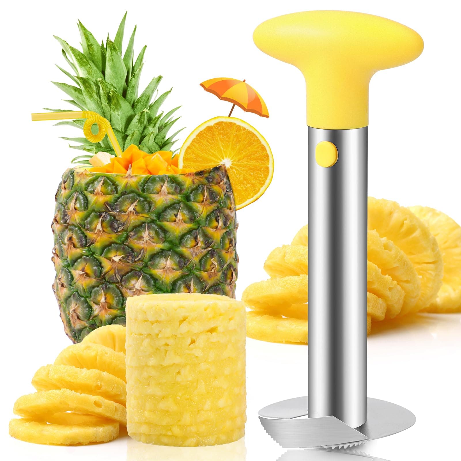 Premium Pineapple Corer and Slicer Tool - Sharp Pineapple Cutter with Serrated Tips - Easy to Use and Clean - Stainless Steel Core Remover for Pineapple - Core Fruits with Ease(Yellow)