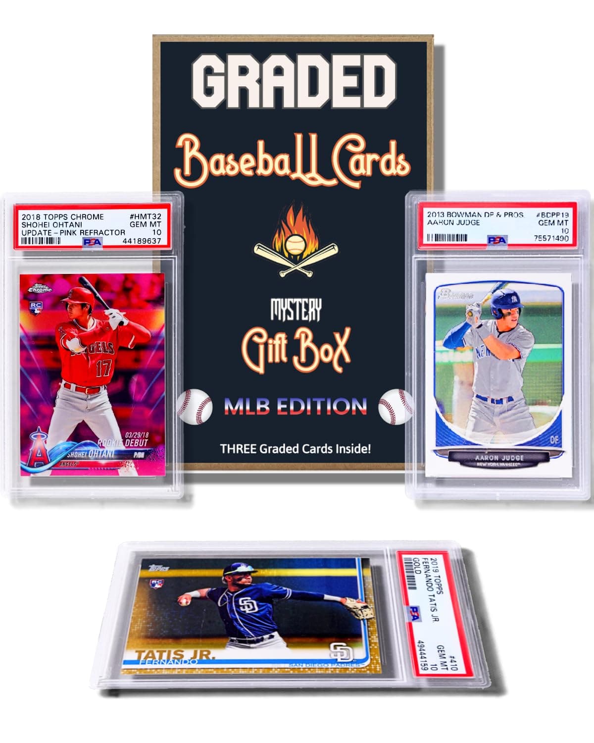 Three Graded Baseball Cards Gift Box: MLB Edition │Three Premium PSA/BGS Graded 10, 9.5 or 9 Cards │Potential Rookie Autographs & Numbered RC Refractors│Gift for Baseball Fans│