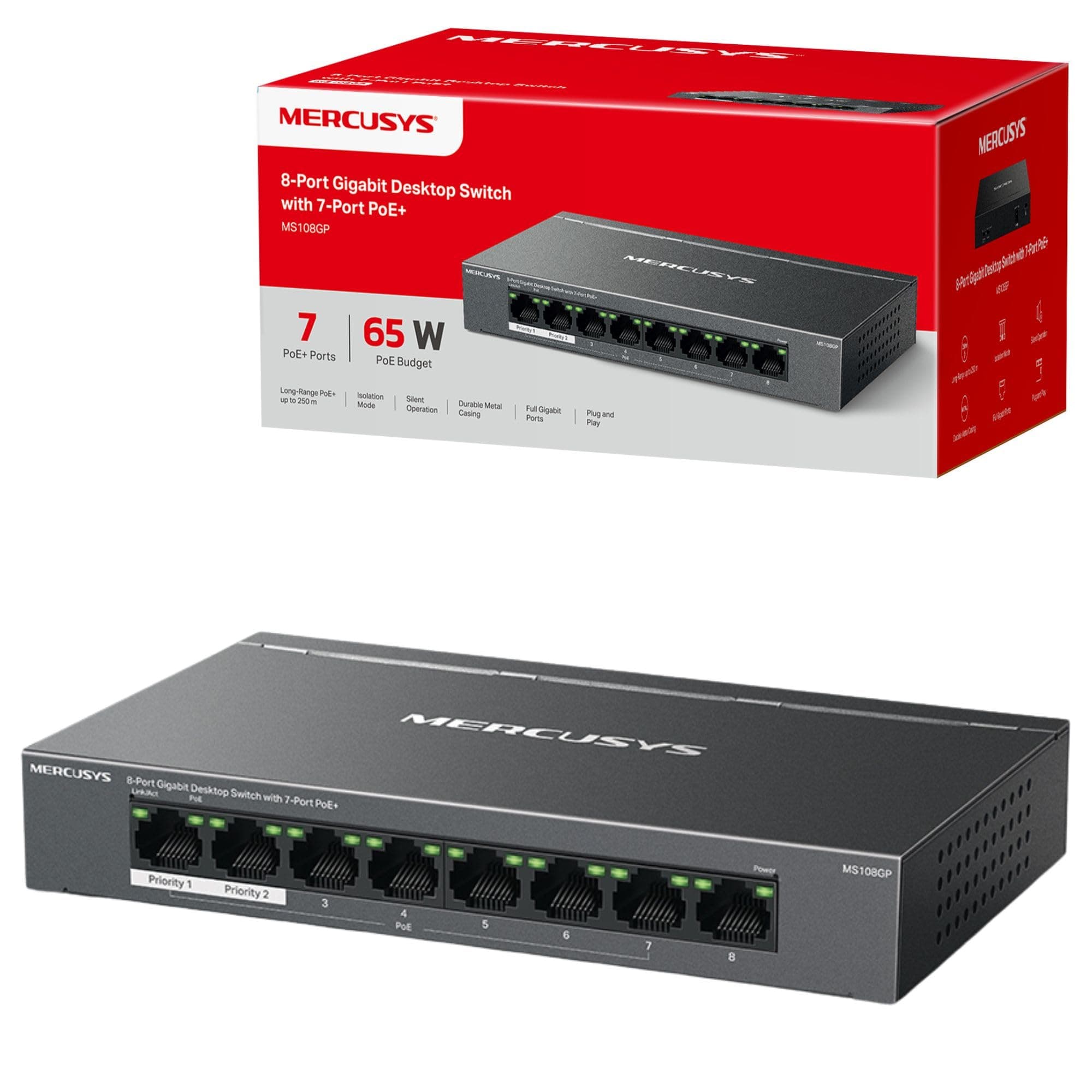 MERCUSYS - 8-port computer Gigabit switch with 7-port PoE+, 65W PoE, support 802.3af/at PDs, power management, metal housing, plug & play, no setup required