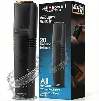- Vacutrim Cordless Mens Beard Trimmer, Rechargeable Electric Shaver with 20 Trim Setting Calibration Dial and Built-in Vacuum for Mustache, Sideburns. Facial Hair, Black, 7.5", As Seen On TV