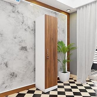 VIKI Wardrobe | Wooden Almirah for Clothes,Door for Bedroom, 1 Door Wardrobe with Doors (Frosty White, Brussel Walnut - 40D x 40W x 180H) | 1 Year Warranty | DIY
