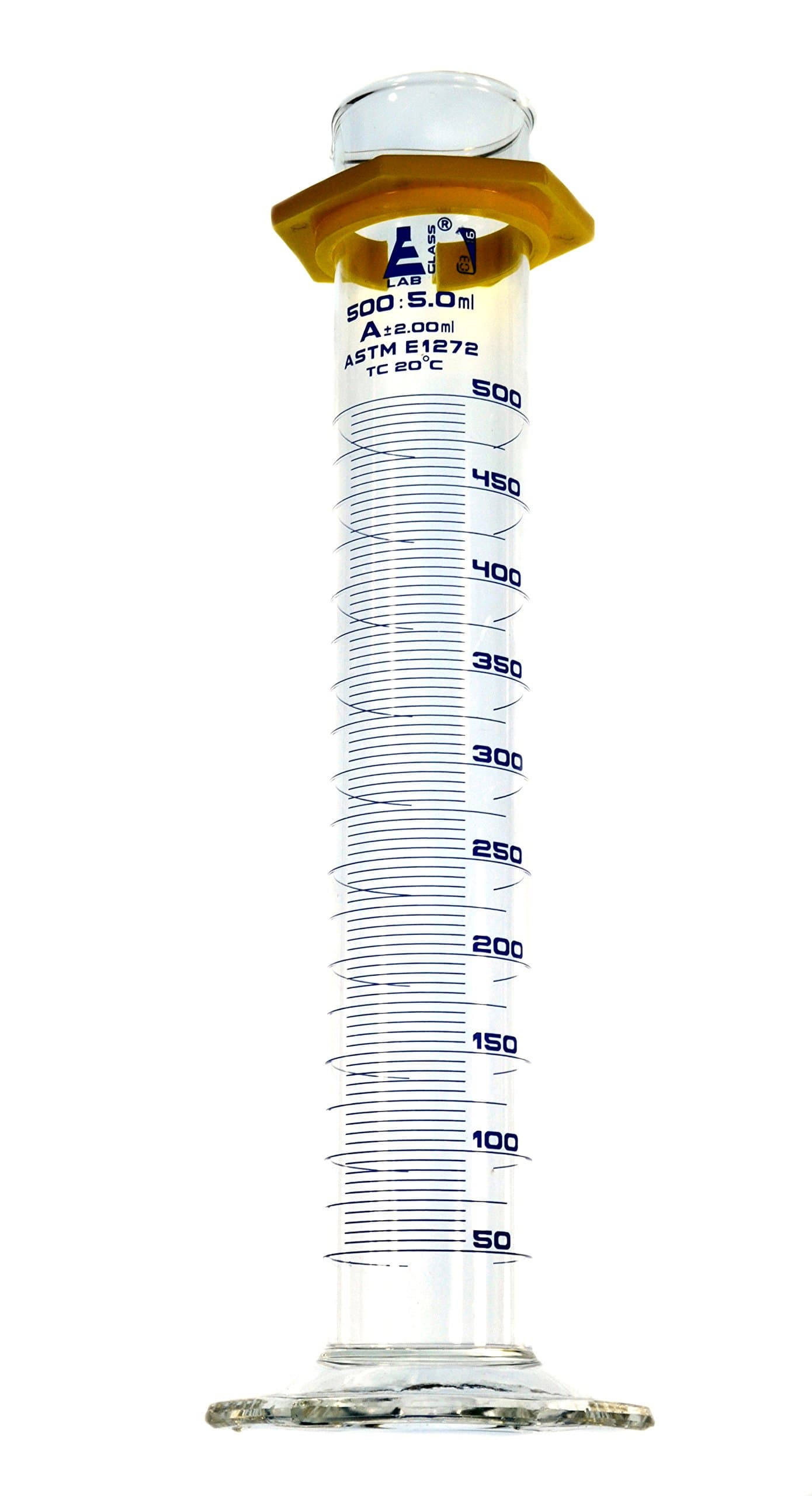 Eisco500mL Graduated Cylinder- ASTM E1272 Standard - Class A - Borosilicate Glass - Labs - 5ml Blue Graduations w/Protective Guard