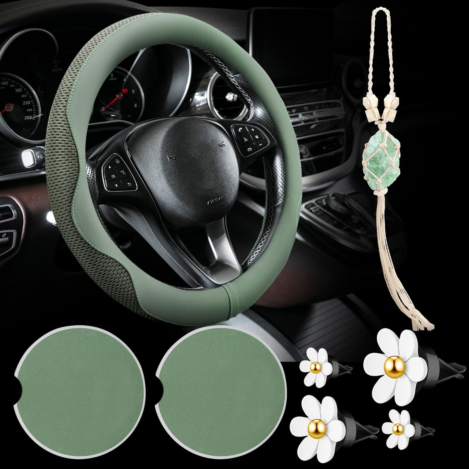 BBTO 4 Car Accessory Set, Steering Wheel Cover, Ceramic Coasters, Daisy Flower Clip Air Freshener, Crystal Hanging Ornament for Women(Sage Green)
