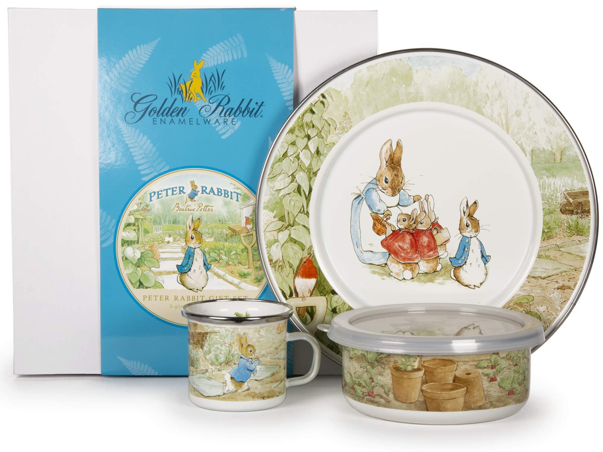 Enamelware Child Dinnerware Set: Plate, Mug and Bowl with Lid, Peter Rabbit