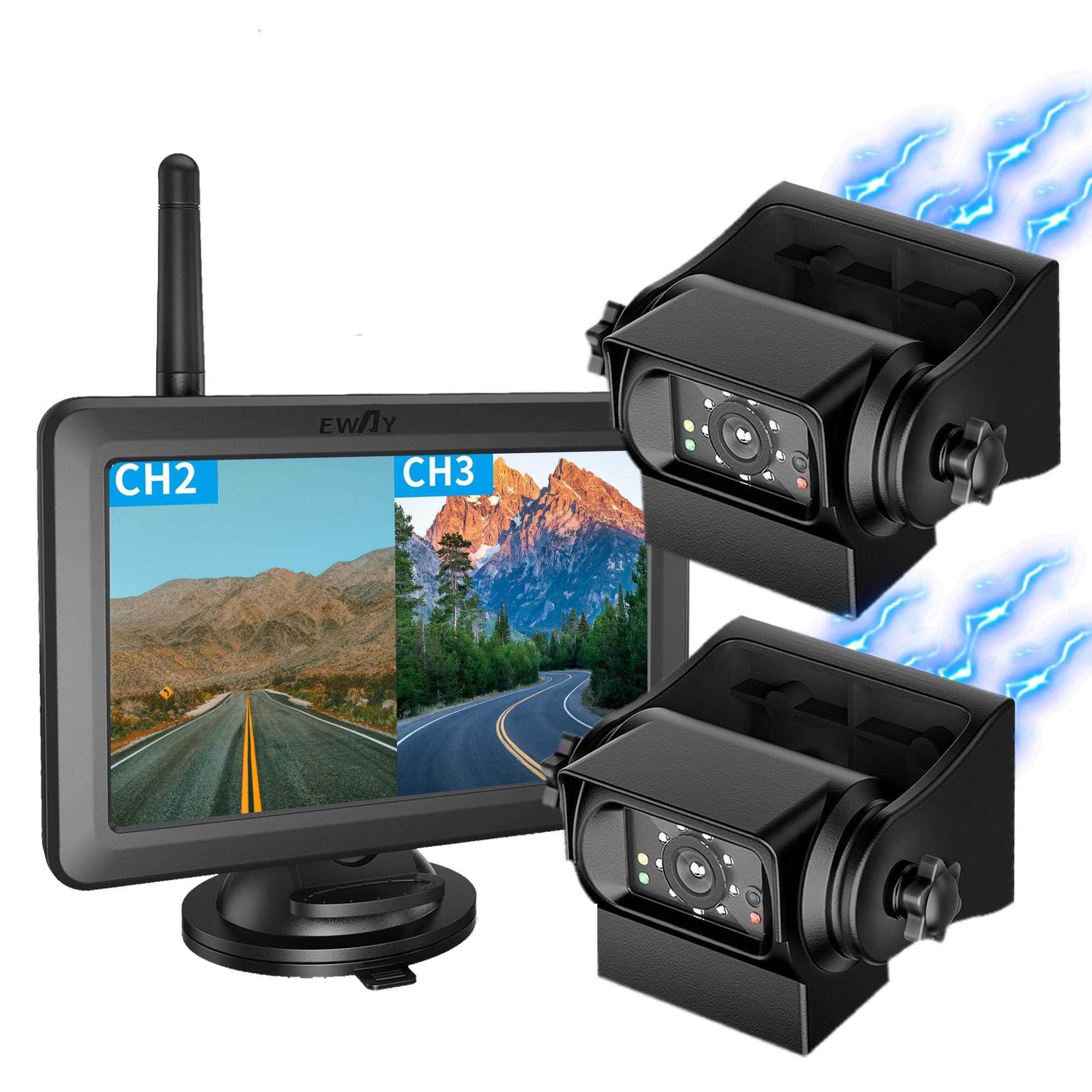 EWAY 2 Magnetic Wireless Backup Cameras HD1080P w/ 5" Split Screen Monitor Portable No Wiring Trailer Hitch IR Night Vision Rear View Camera for Truck Pickup RV Camper 5th Wheel Boat Horse Trailer