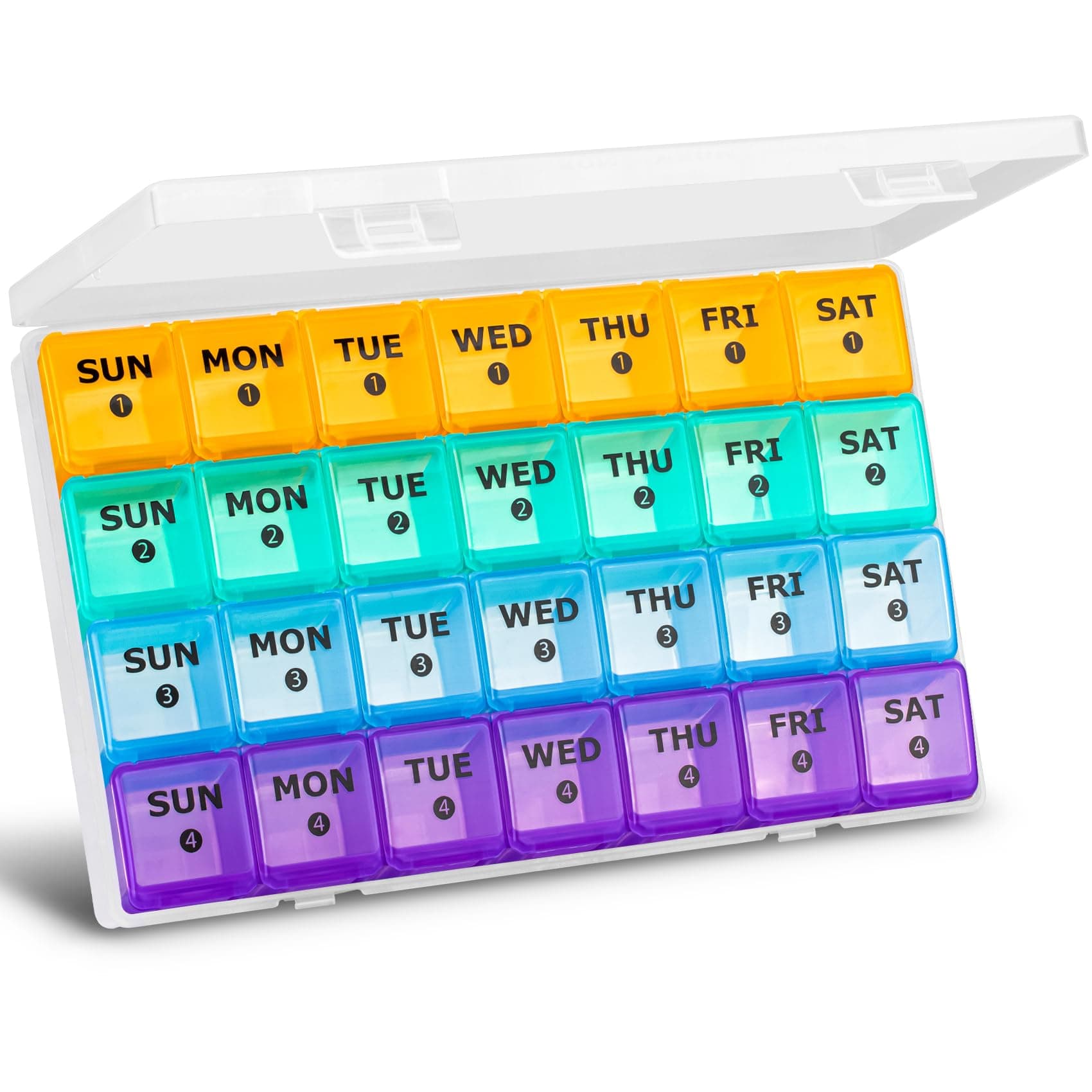 Large Monthly Pill Box Organiser 4 Week, Pill Boxes 7 Day 1 Times a Day Compartments Tablet Organiser Box 28 Day with Dust-Proof Case Vitamin Meds Supplement Container for Family
