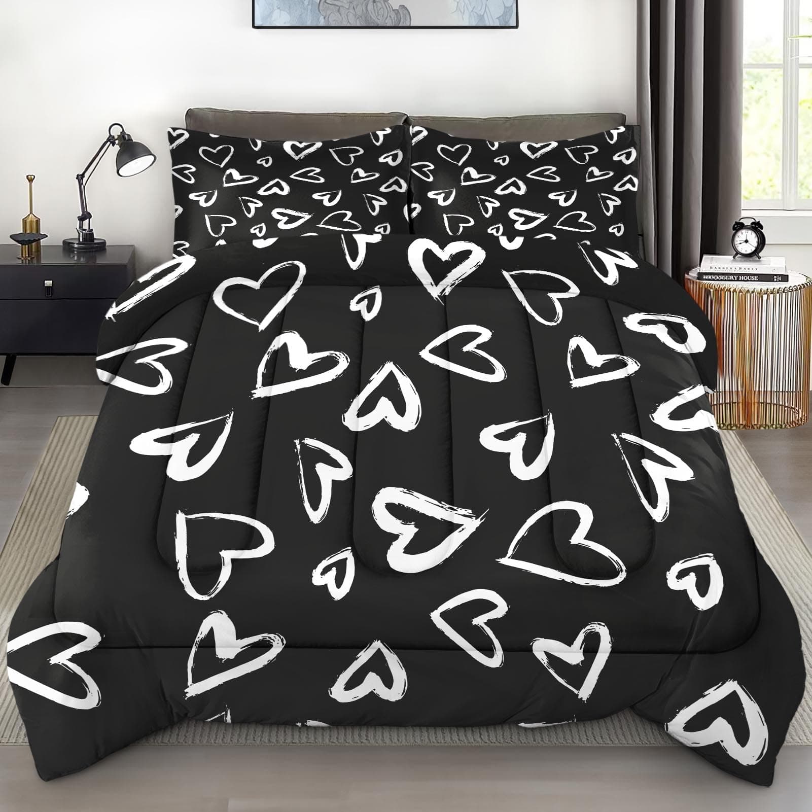 Comforter Set Full Size, Love Cute Valentine Soft 3 Pcs Bedding for Kids and Adults, Polka Heart White Comforter Set with 2 Pillowcases, for Bedroom Bed Decor