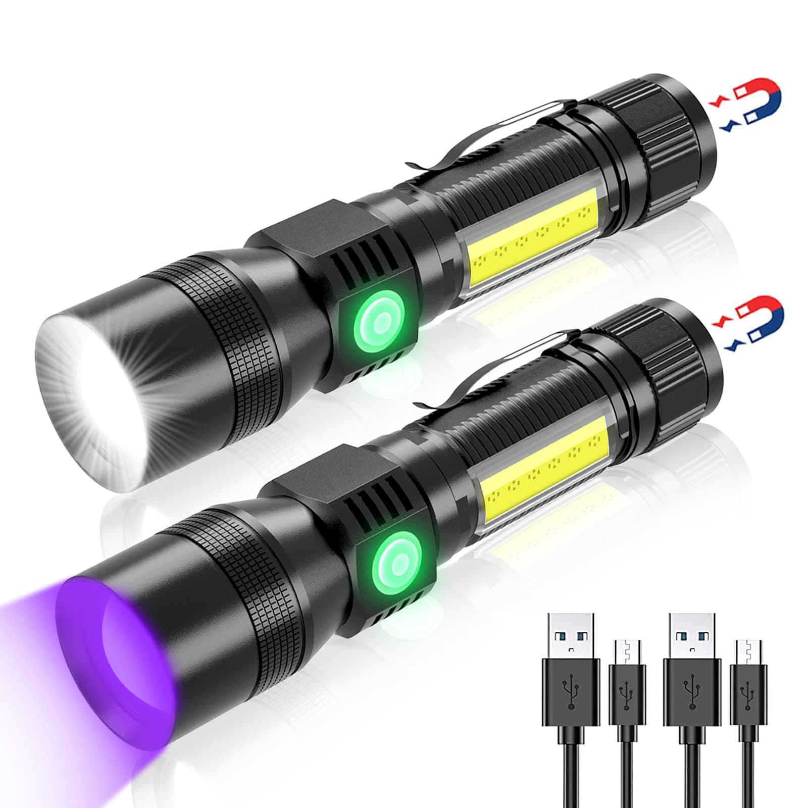 Rechargeable Flashlights, 3 in 1 Super Bright Black Light Flashlights 1200 Lumens, 7 Modes, Zoomable, IPX6 Waterproof Flash Light Recharchable for Camping, Emergency, Pet Clothing Detection 2 Pack