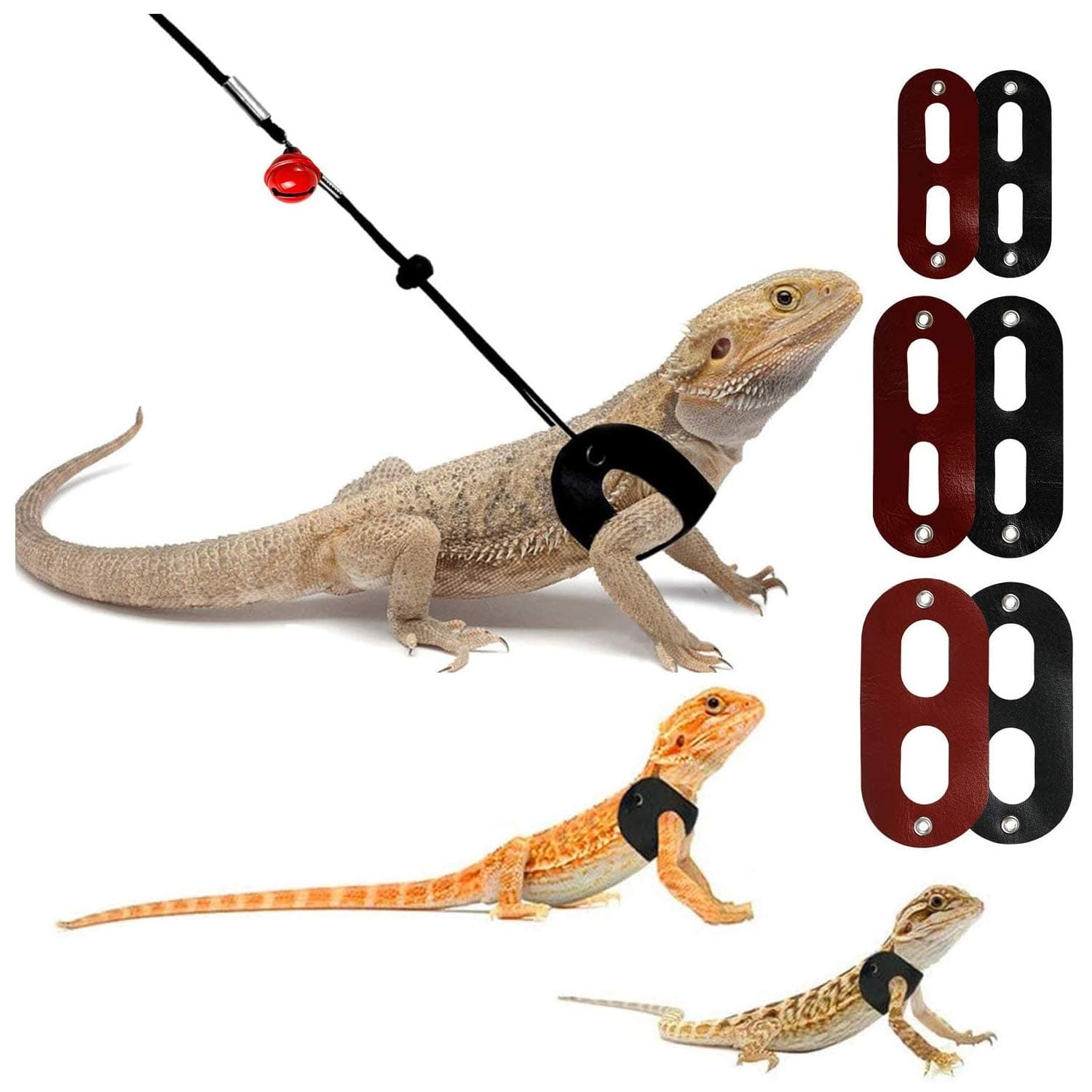 2 Colors Bearded Dragon Harness and Leash Adjustable(S,M,L) - Soft Leather Reptile Lizard Leash for Amphibians and Other Small Pet Animals Red Black
