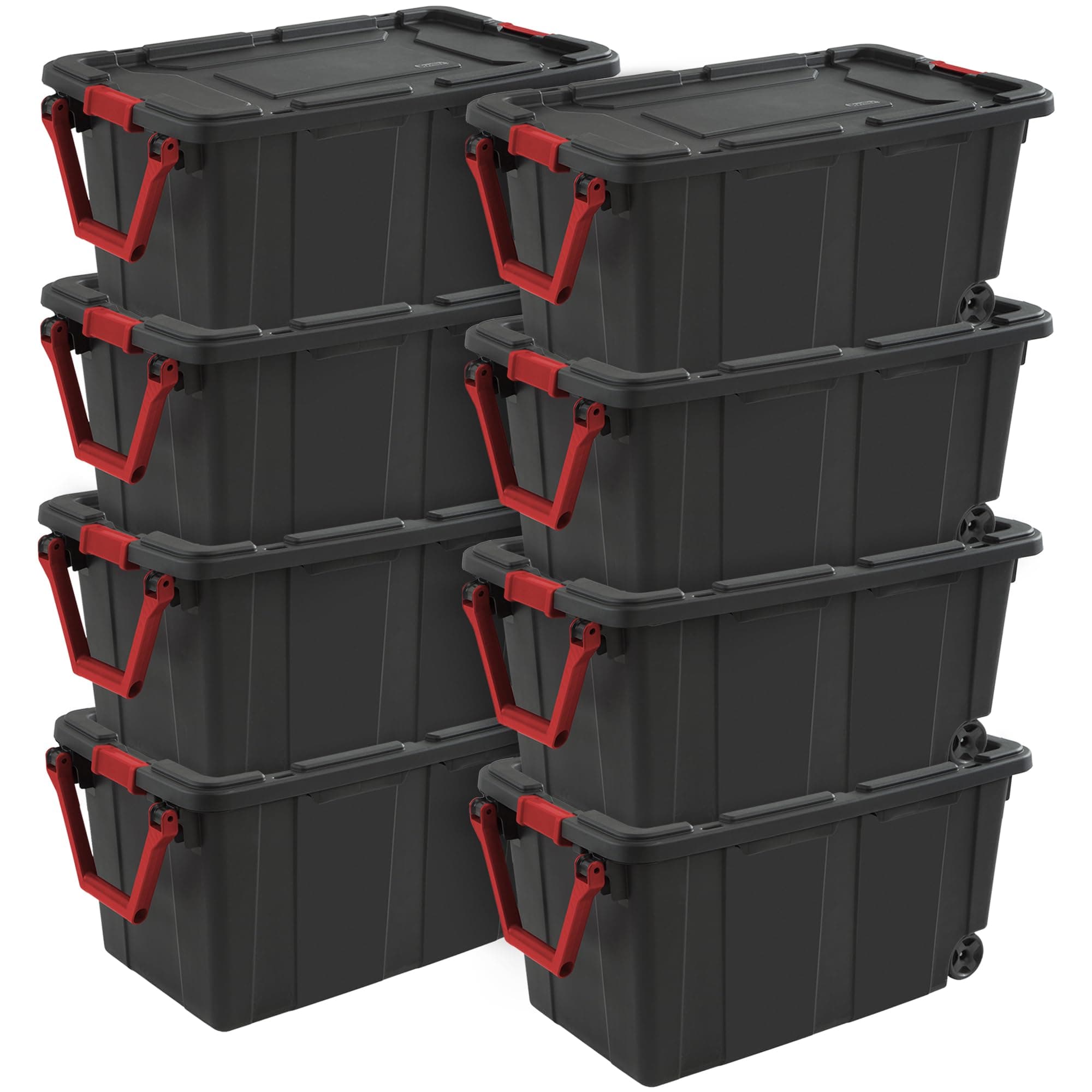 Sterilite 8-Pack Industrial Tote, Heavy-Duty Storage Bins w/Lids and Wheels, 40 Gallon - Stackable Organizing Containers for Home, Garage, Office, and Basement