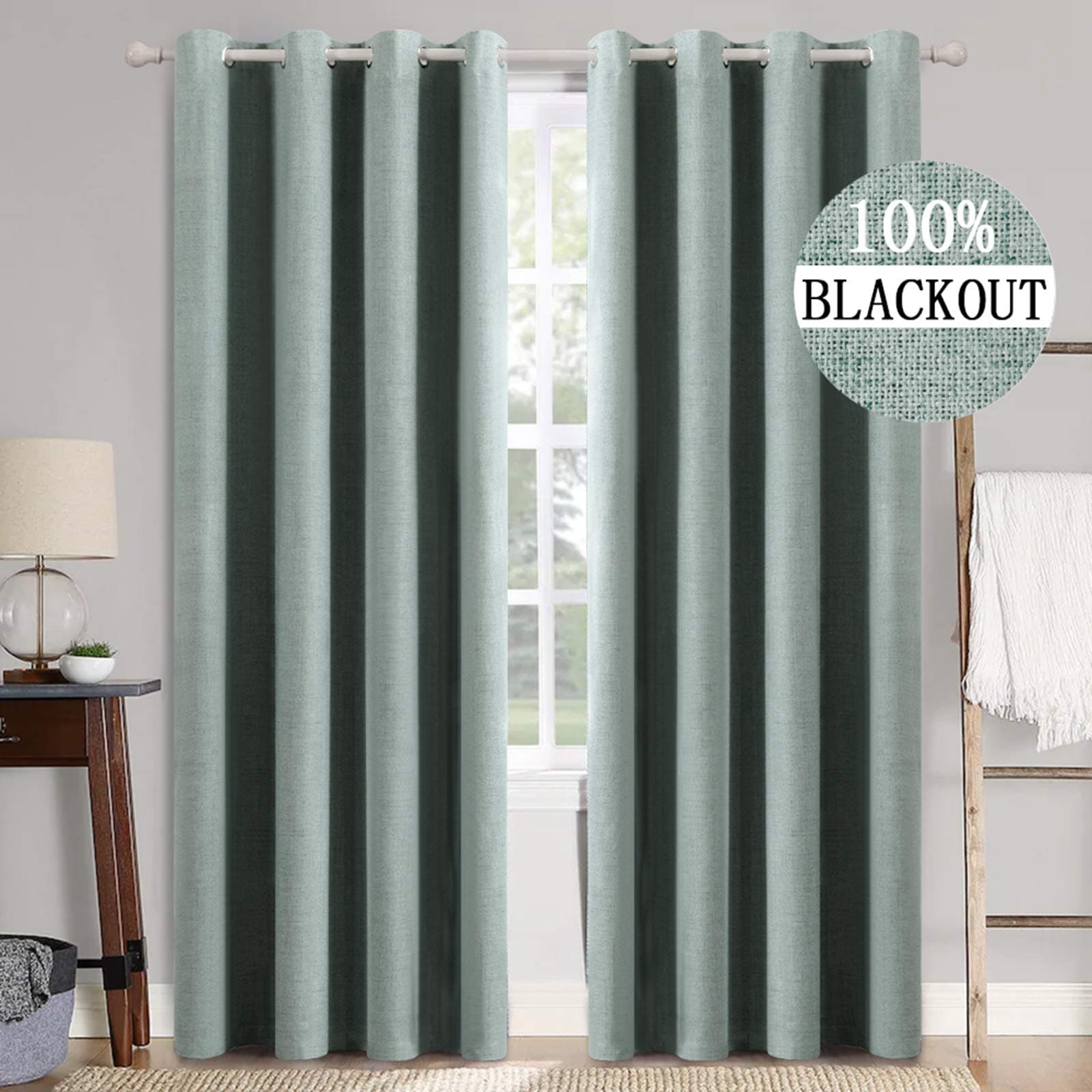 MIULEE Linen Texture Curtains for Bedroom Solid 100% Blackout Thermal Insulated Seafoam Green Curtains Grommet Room Darkening Curtains/Draperies for Living Room Nursery 52x96 Inch (2 Panels)