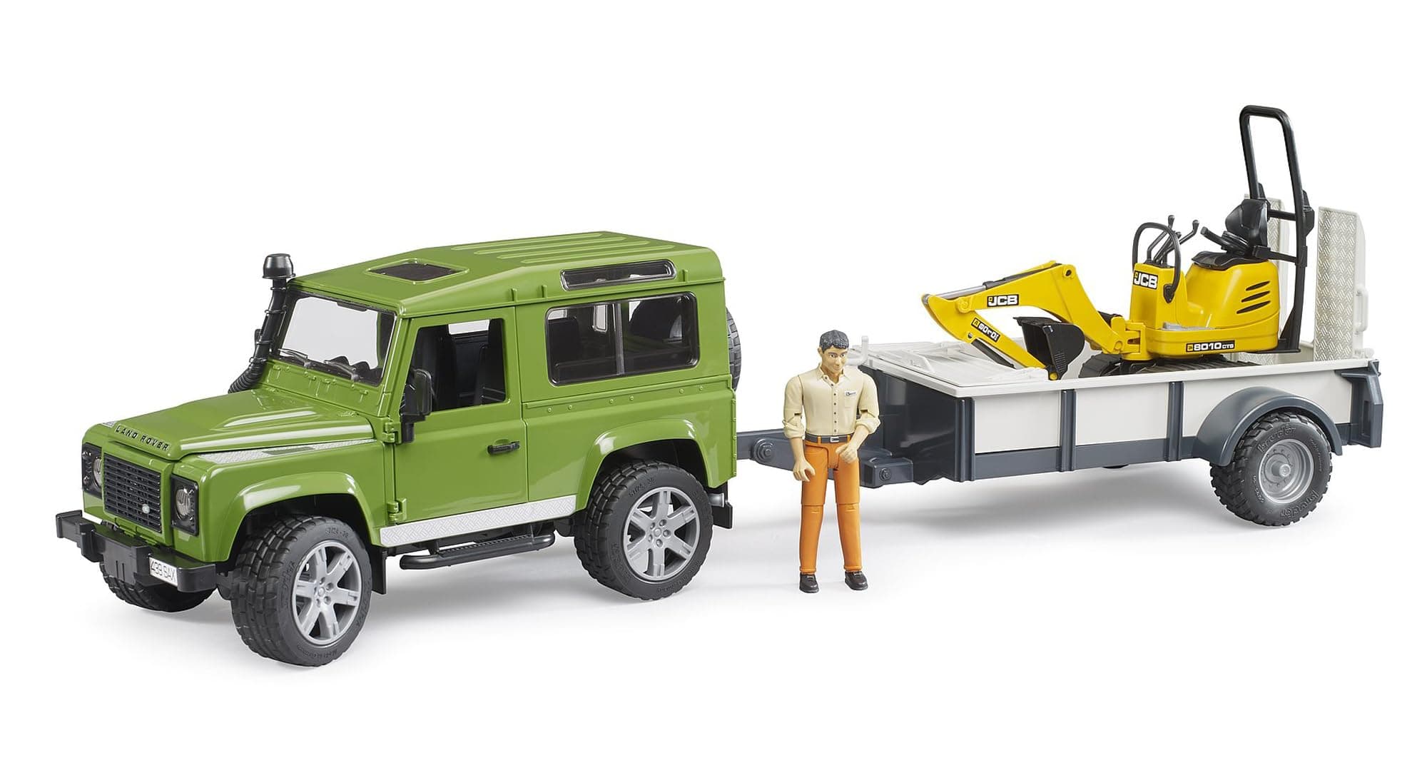 Land Rover Defender Rigid Drawbar Trailer Jcb Micro Excavator and Construction Worker