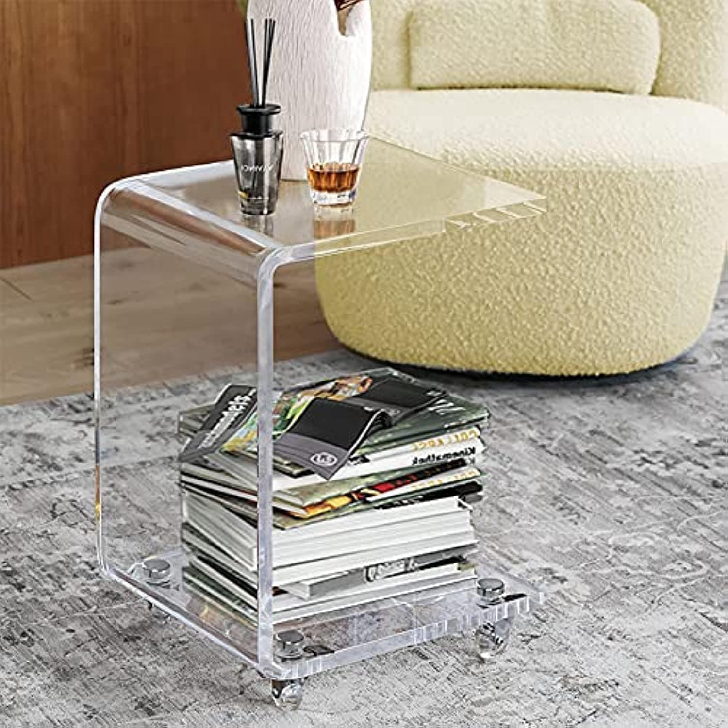 ONELUX Mobile C Shaped End Table,Acrylic Sofa Side Table, Snack Table On Wheels