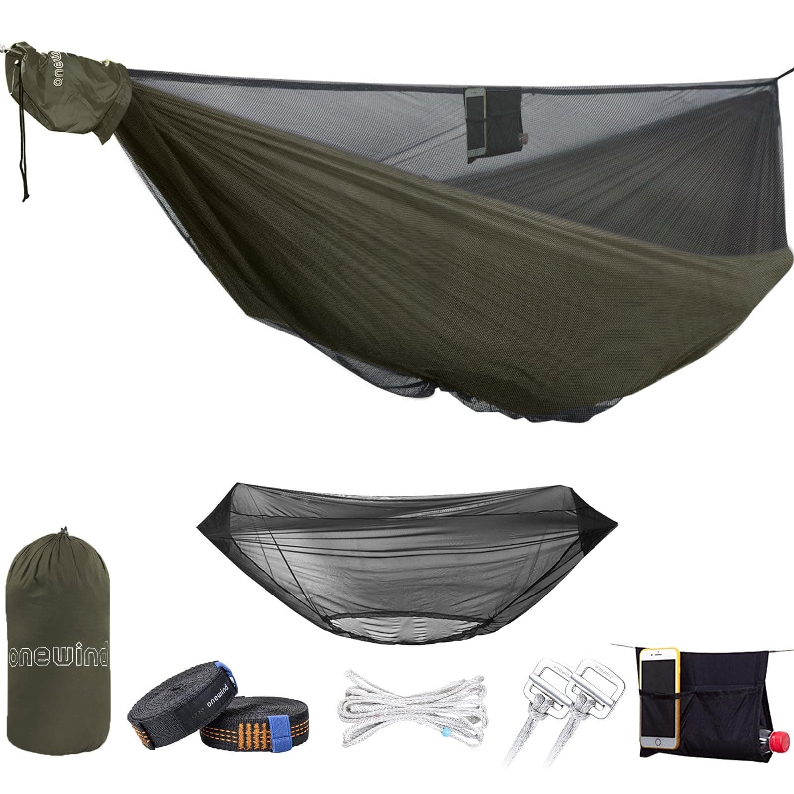 onewind Camping Hammock with Mosquito Net Tree Straps Adjustable Ridgeline Double 2 Person Portable Hammock XL Lightweight Nylon