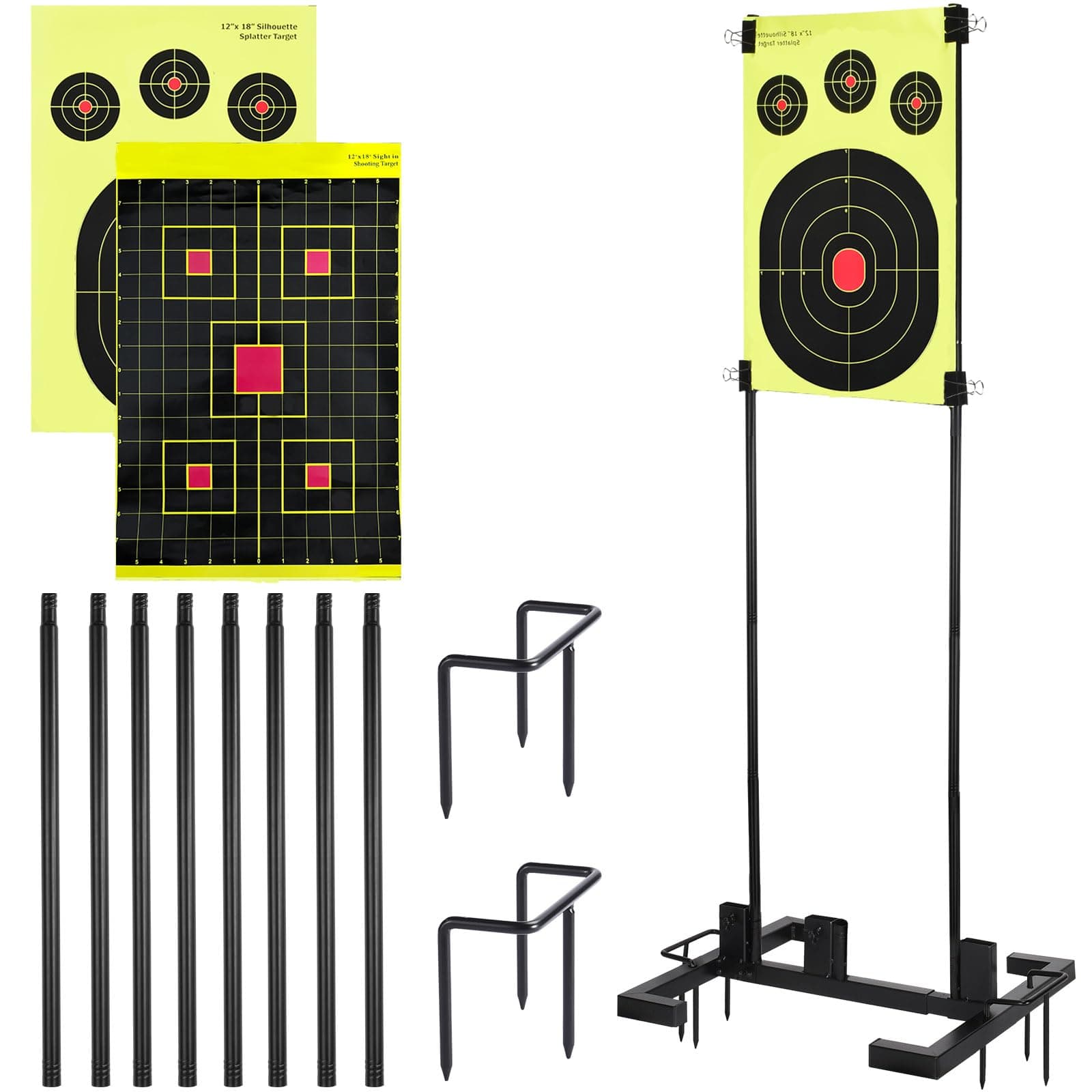 Adjustable Target Stand Set with 10 Paper Targets, Two Mounting Options for Outdoor Shooting, Stable Holder with Metal Poles and Ground Nails