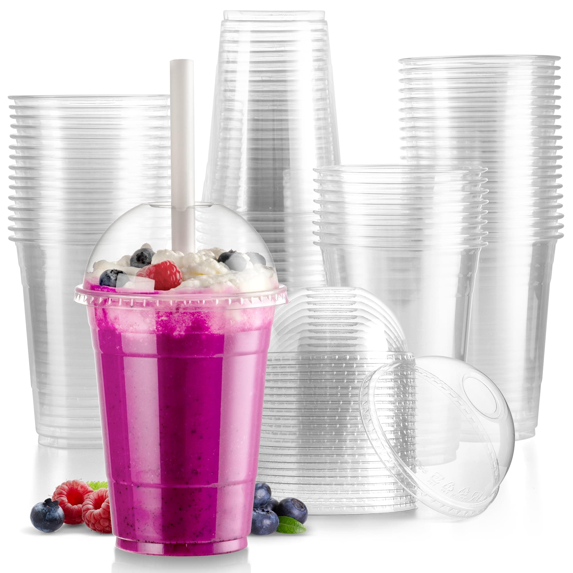 Fit Meal Prep 100 Pack 16 oz Disposable Plastic Coffee Cups with Dome Lids, To Go Iced Coffee Cups with Lids, BPA Free Clear Parfait Cups for Party, Smoothie, Bubble Boba, Juice, Milkshake
