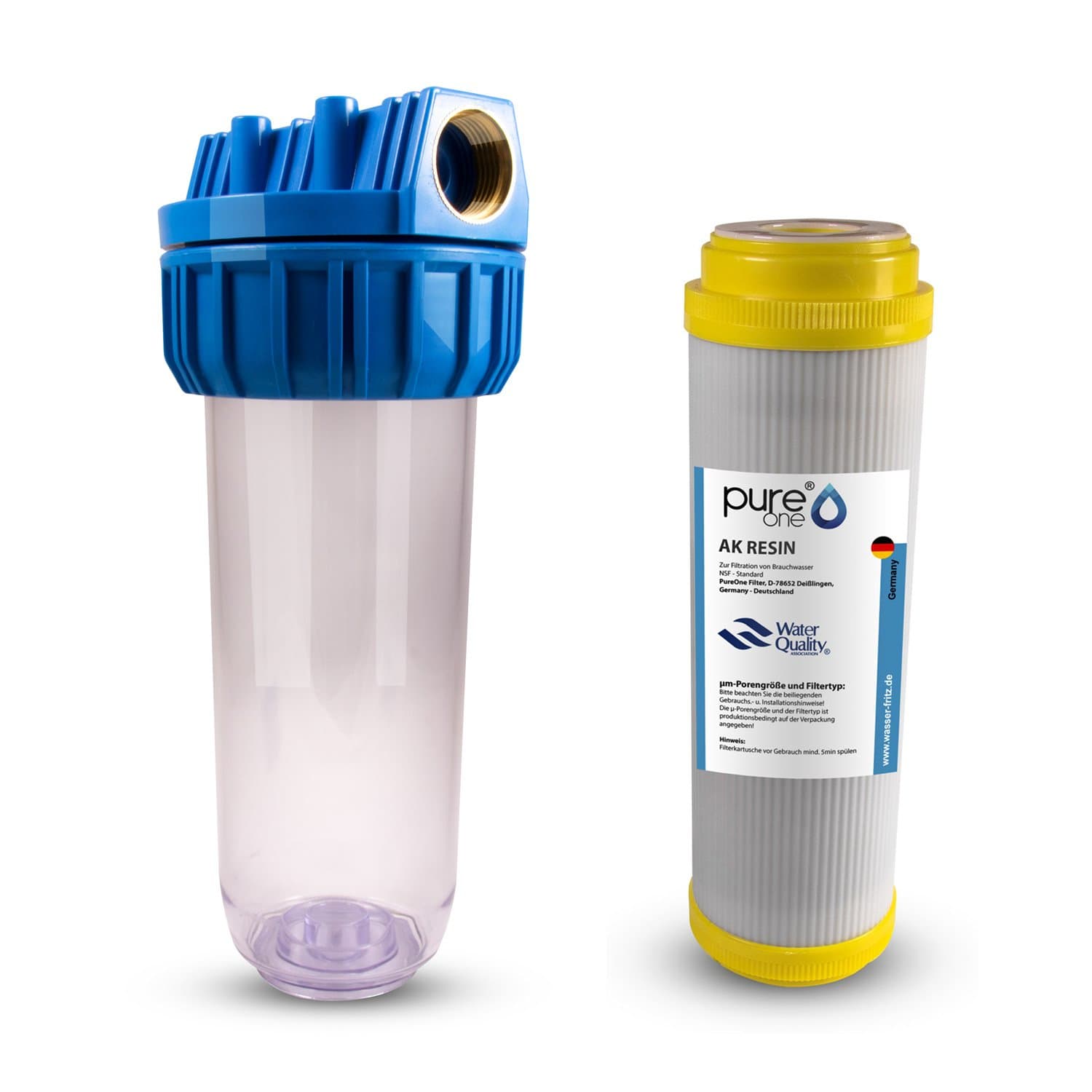 PureOne AKS1 Descaling Set. 1 step filter system. Water softening and de-calcification. Filter Housing Anti-Limescale Resin Filter Cartridge. For Rain Water Well Water Butt. 10 inches.