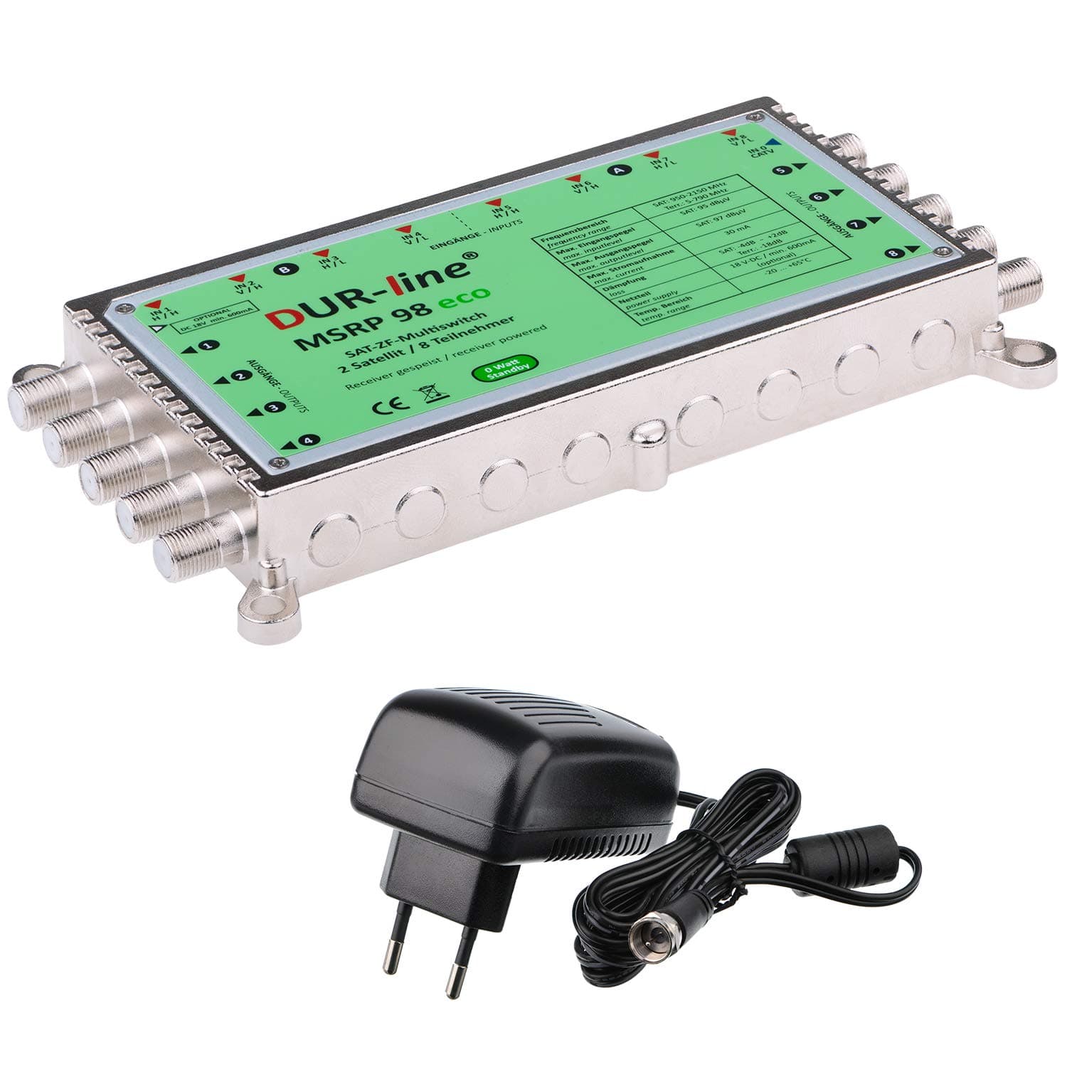 DUR-line MSRP 9/8 eco + Power Supply - Multiswitch for 2 Satellites/8 Subscribers - Low Power Consumption - 0 Watt Standby Multiswitch [Digital, HDTV, FullHD, 4K, UHD]