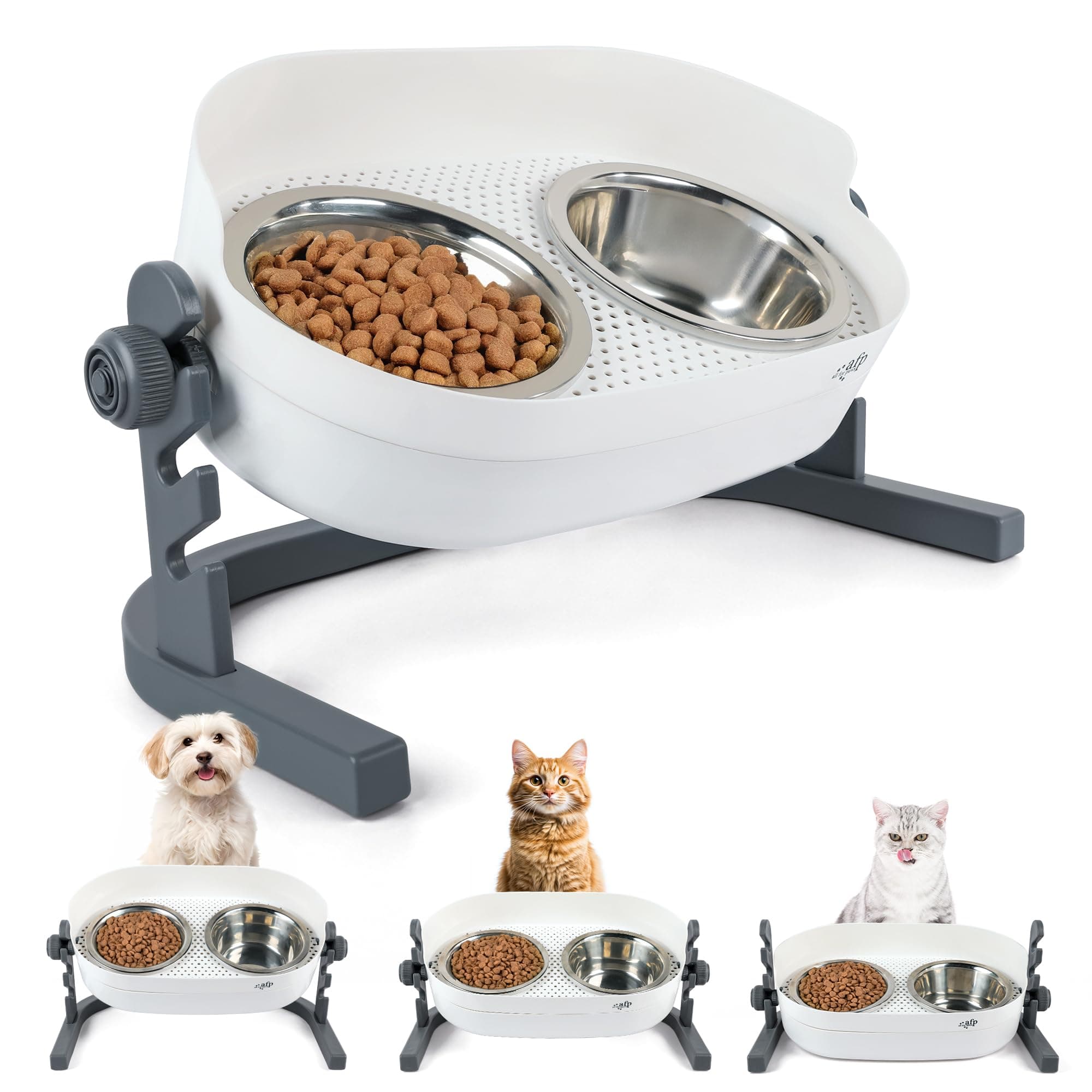 ALL FOR PAWS Raised Cat Bowl 3 Heights Adjustable, Elevated Double Bowls with 2x750ML Stainless Steel Dishes, Cat Feeding Station for Small Medium Large Cats & Small Dog, Non-Slip (56x30x20CM)