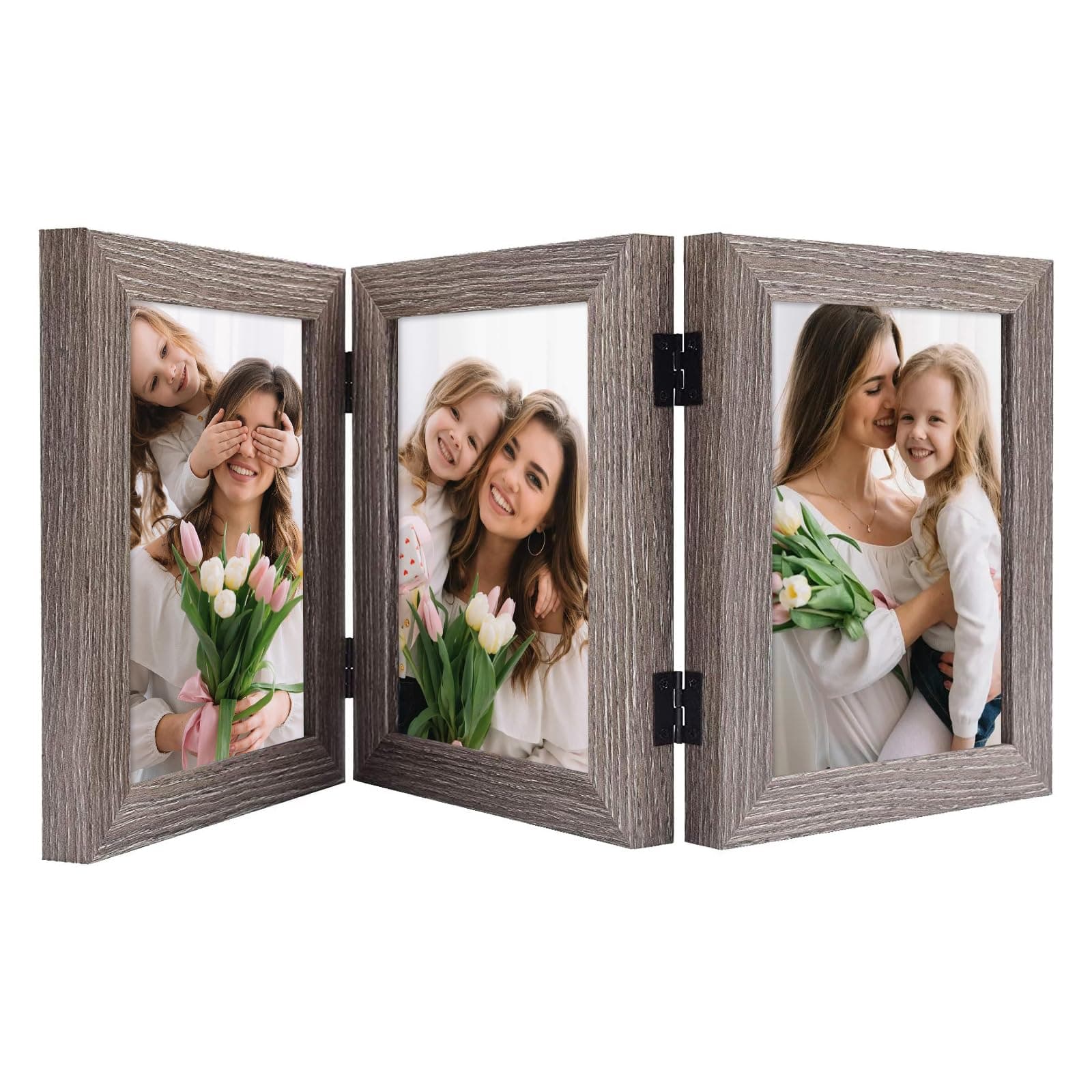 Frametory, 5x7 Trifold Picture Frame Hinged Photo Frames Three Folding Frame Desktop Glass Frame Vertical (Gray, 5x7 Triple)