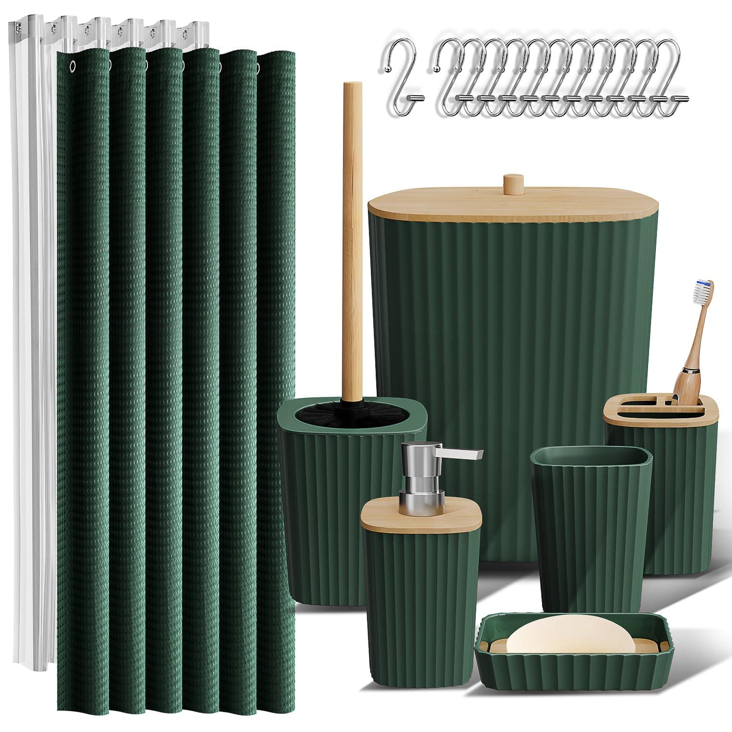 Clara Clark Bathroom Accessories Set - Bathroom Set, Bathroom Accessory Set, Shower Curtain Set, Toilet Brush, Trash Can & Soap Dispenser - Green - 20PC
