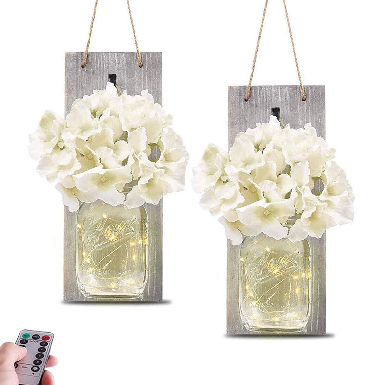 Mason Jar Sconce Wall Decor—Home Wall Decor with Two Remote Control, Farmhouse Wall Decor with LED Fairy Lights and Rustic Wooden Board Bronze Retro Hooks(Set of 2)