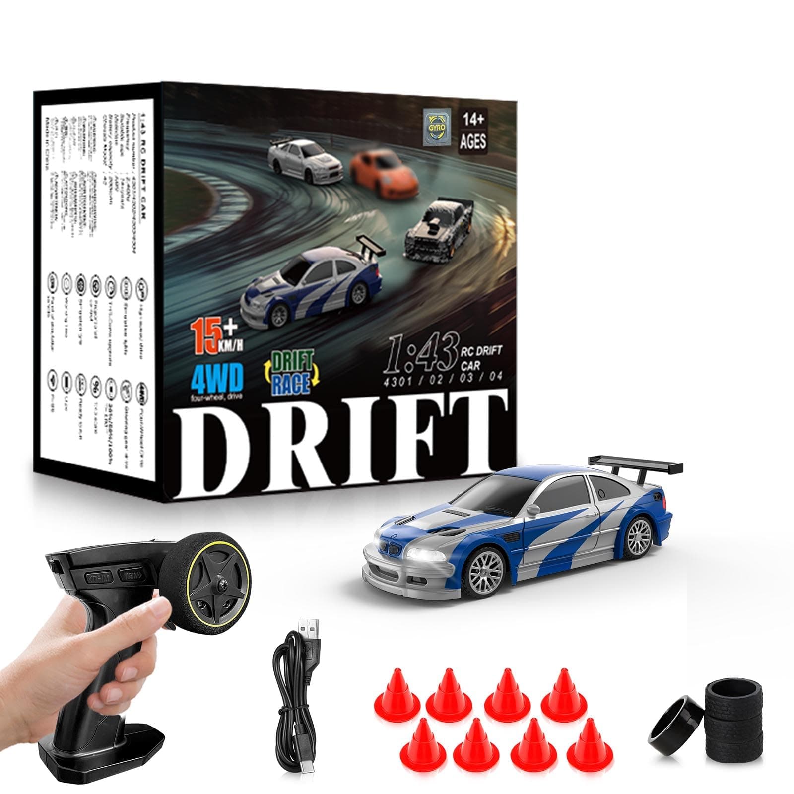 RC Drift car, 1/43 Mini Rc Drift car with Gyroscope, 2.4GHz Full Proportional Remote control Cars, 4WD High Speed Racing with Lights, Racing Tires, Model Cars Gift for Adults, Kids, Boys, Girls