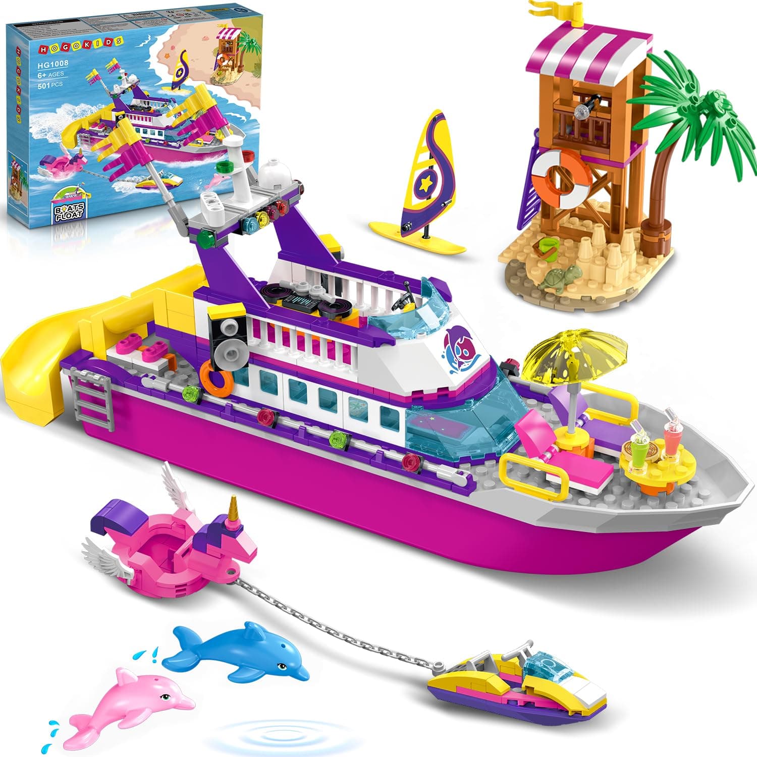 HOGOKIDSBoat Building Set with LED Light - Floatable Cruise Ship Building Toys with Beach Water Scooter & Dolphins Watchtower Blocks Friends Playset Gifts for Kids Girls Boys Ages 6-12 Years（501 PCS）