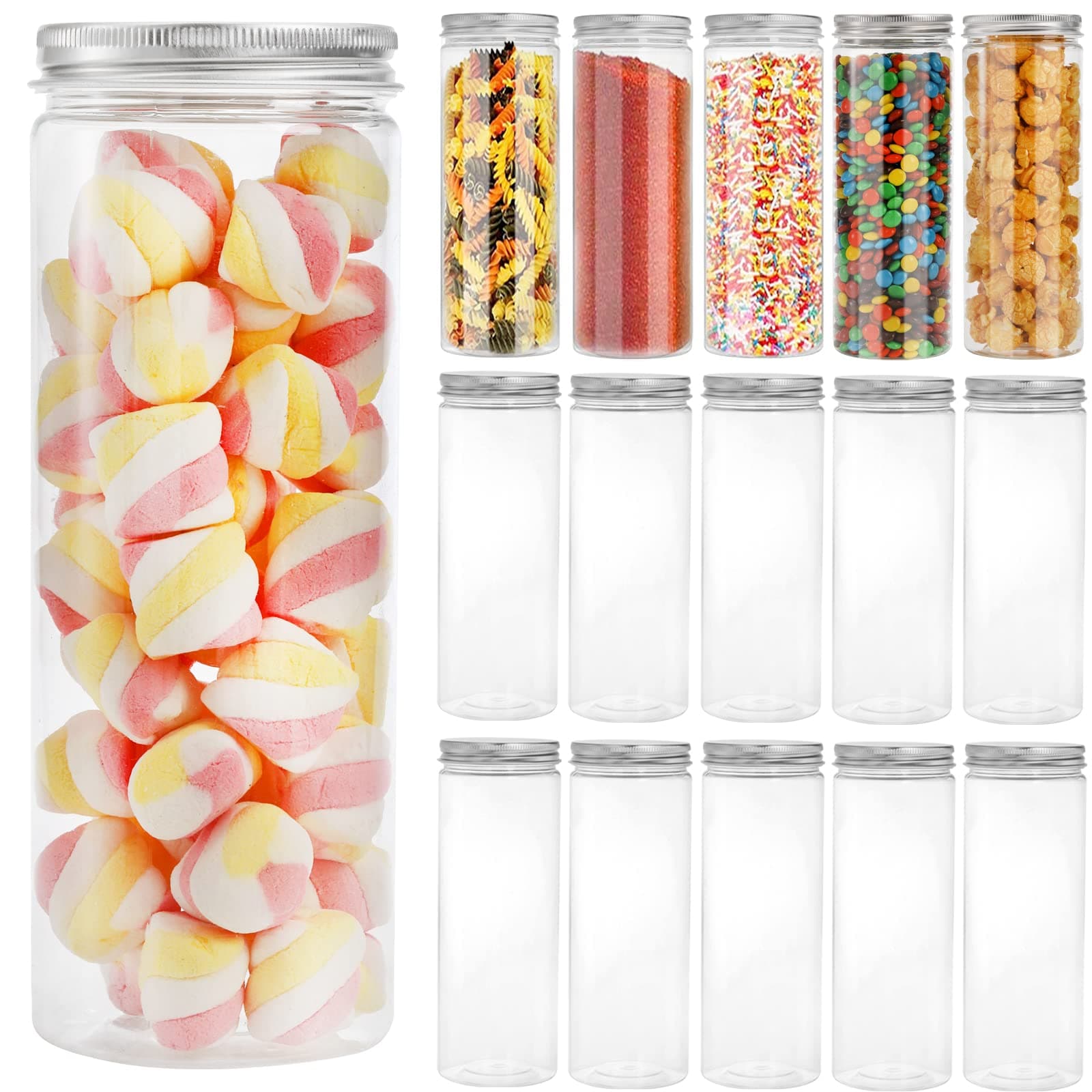 Tebery 16 Pack Plastic Spice Jars Bottles Containers with Lids 17oz Clear Straight Cylinders Plastic Canisters for Food & Home Storage