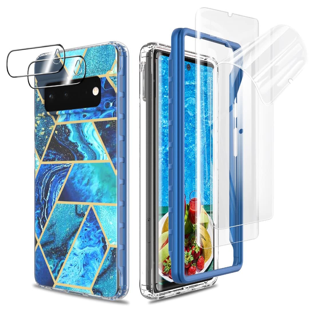 JeyllyCase Designed for Google Pixel 6 Pro 5G, Marble Stylish Case with Screen Protector & Camera Lens Protector, Hybrid Soft TPU Bumper Hard PC Cute Women Girls Case for Pixel 6 Pro, Ocean Blue