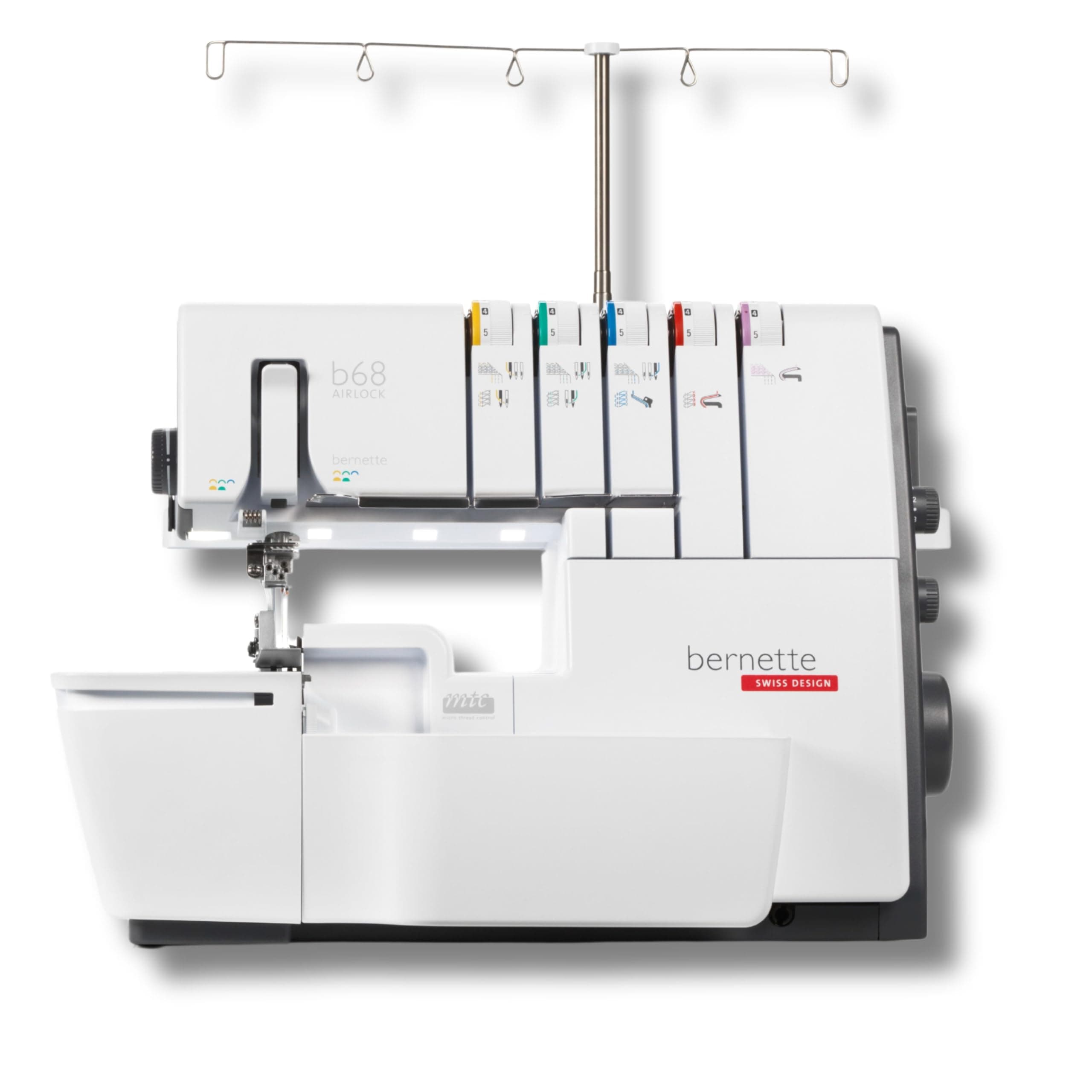 Bernette B68 Airlock Serger with easy air threading, overlock coverstitch combo, high-speed stitching, LED lighting, adjustable stitch length, heavy-duty design, perfect for quilting and beginners.