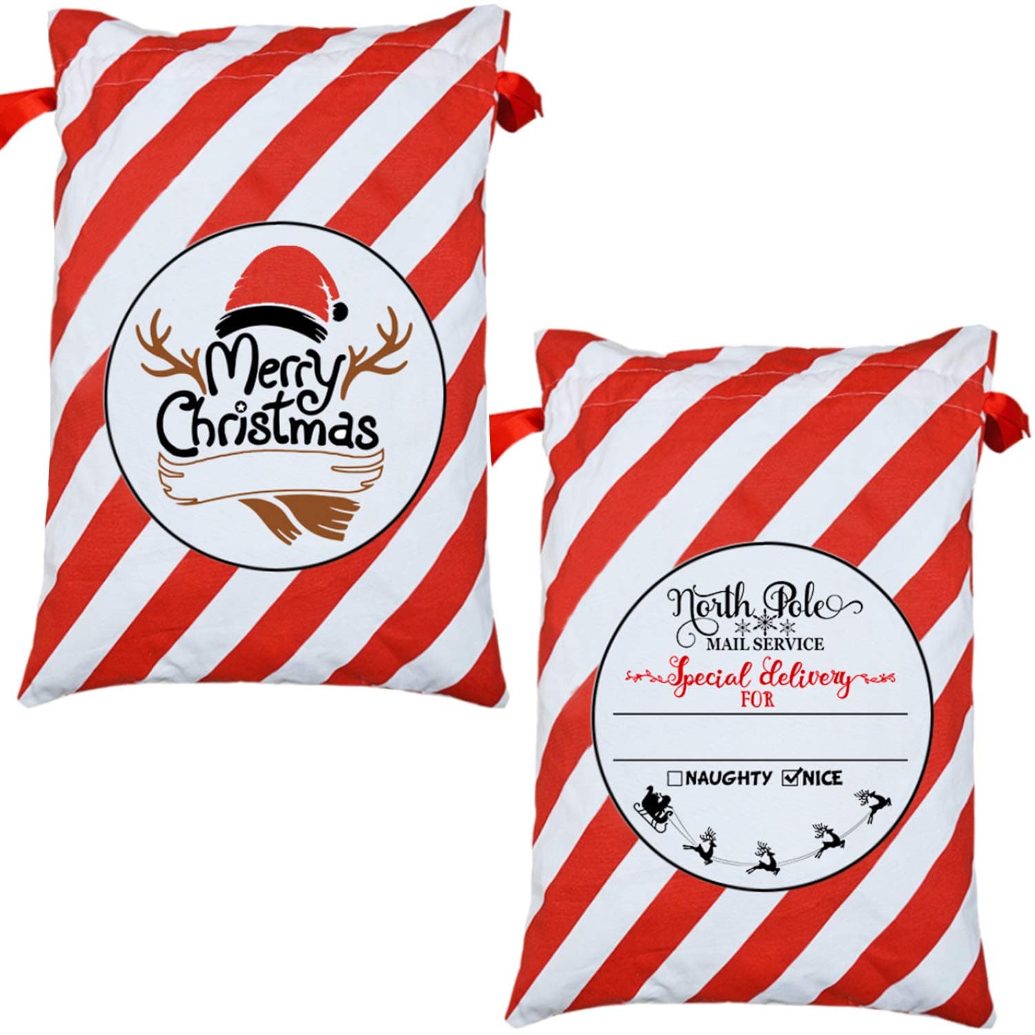 Tmflexe 2 Pack Santa Sack Personalized Large Christmas Bags with Drawstring for Gift Wrapping 19 x 27 Inch (Red White Stripe 2 Pack)