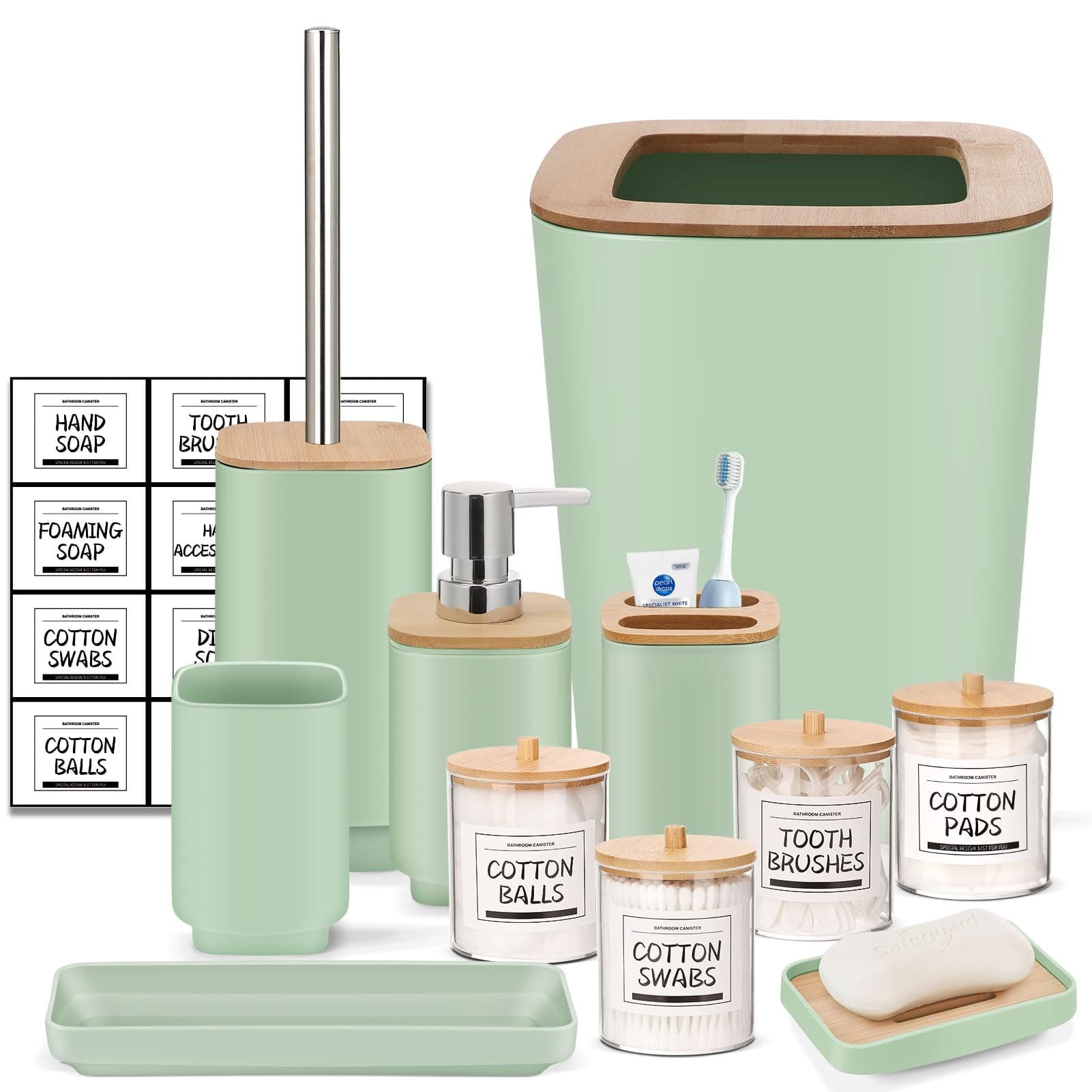 IMAVO Green Bathroom Set,10Pcs Plastic Gift Set,4 Qtip Holder Dispenser,Toothbrush Cup,Soap Dispenser,Soap Dish,Toilet Brush Holder,Trash Can,Toothbrush Holder with Labels