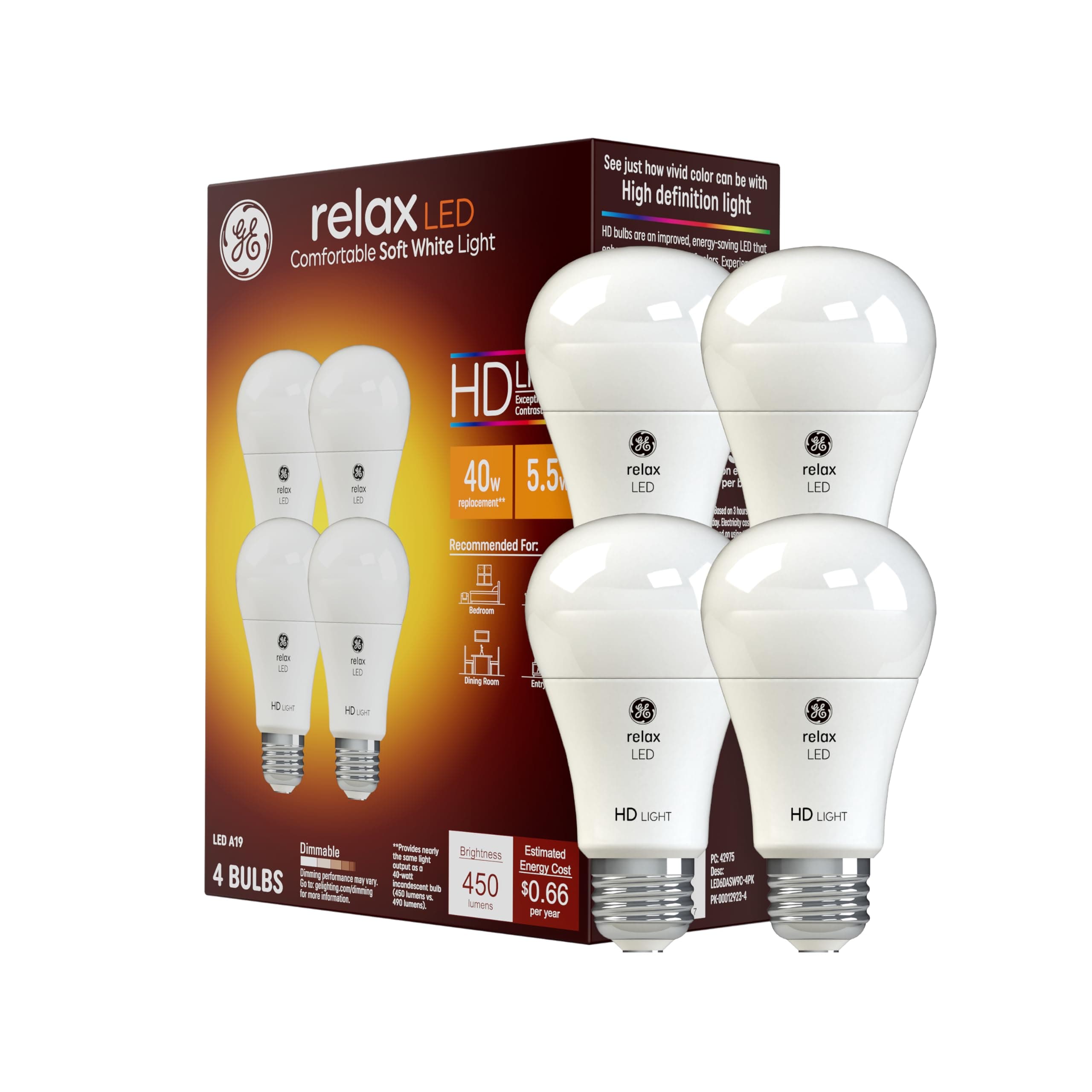 Relax LED Light Bulbs, 40 Watt, Soft White, A19 (4 Pack)