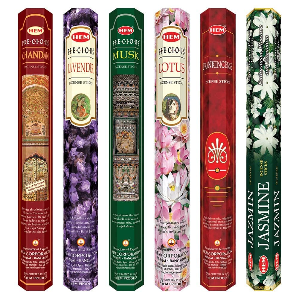 Hem Precious Combo Incense Assorted Pack | Lavender, Lotus, Jasmine Blossom, Musk, Frankincense/Loban, Precious Chandan | Burning Time: 35-40 Minutes | Approx. 120 Sticks | Pack of 6