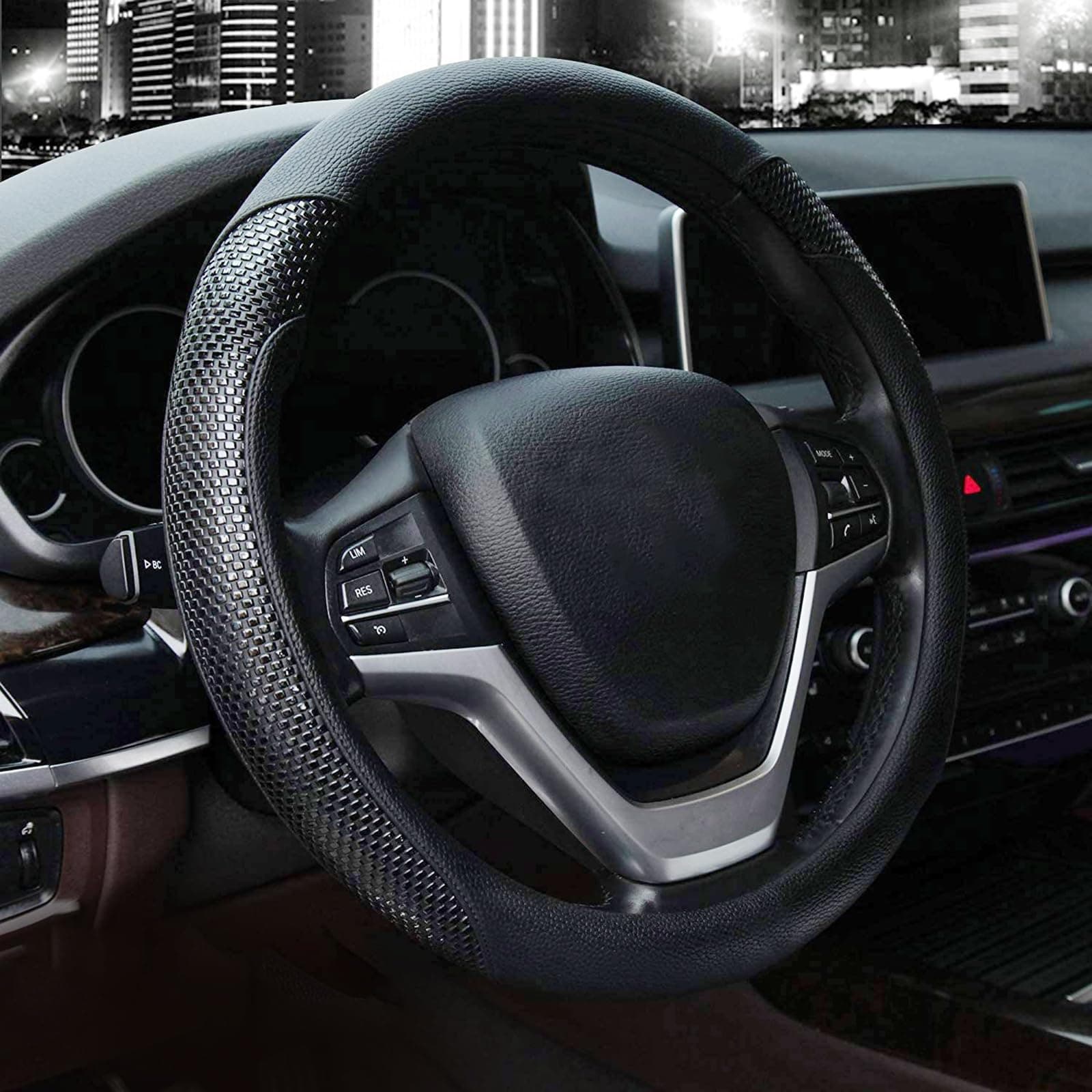 Valleycomfy Microfiber Leather Steering Wheel Covers Universal 15 inch (Style-Black)