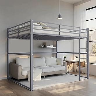 TRUNBACK Loft Bed Frame Twin/Full Size - 250lbs Heavy Duty Metal Bunk Bed, Space Saving Design with Safety Guardrail & Ladder, Ideal for Small Rooms/Dorms (Kids & Adults) (Grey, Full)