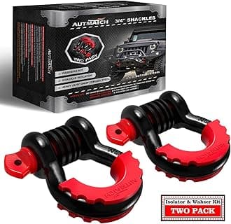 AUTMATCH Shackles 3/4" D Ring Shackle (2 Pack) 41,887Ib Break Strength with 7/8" Screw Pin and Shackle Isolator & Washers Kit for Tow Strap Winch Off Road Jeep Vehicle Recovery Black & Red