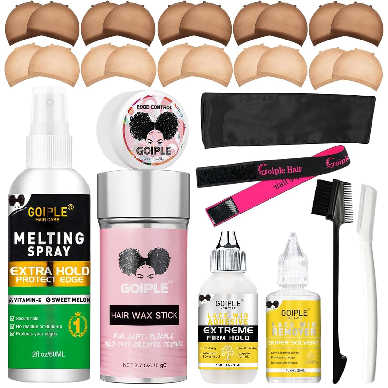 Wig Accessory Essentials Kit Lace Front Wig Glue & Remover, Wig Caps, Elastic Band, Hair Wax Stick, Edge Control, Edge Brush, Hair Shear Dermaplanning Razor Tool and Edge Scarf - 29PCS