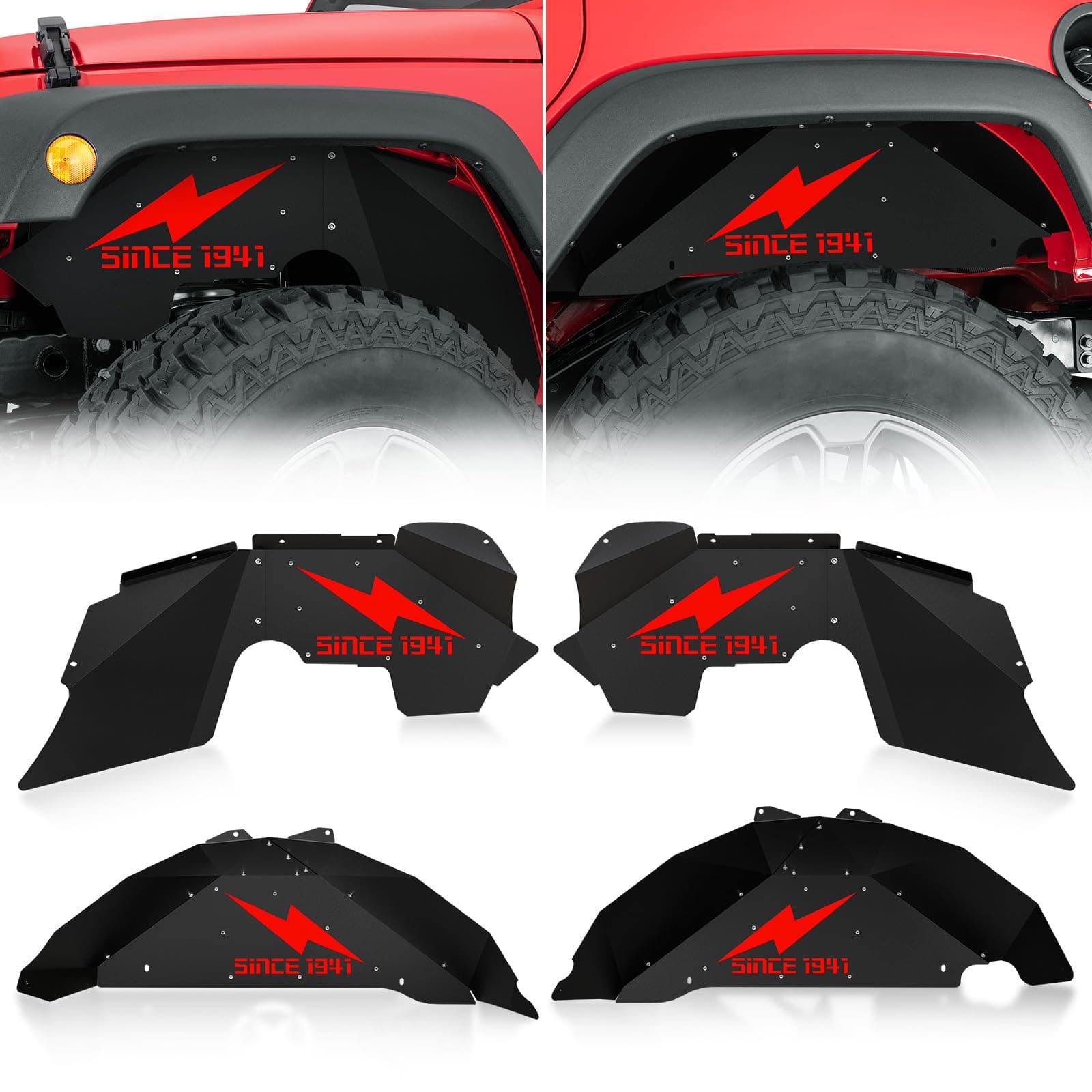 Front & Rear Inner Fender Liners Compatible with 2007-2018 Jeep Wrangler JK & JKU Unlimited Sport Sahara Rubicon, Steel Mud Guards Red Lightning Logo Wheel Well Cover Fenders Flares (2/4 Doors)