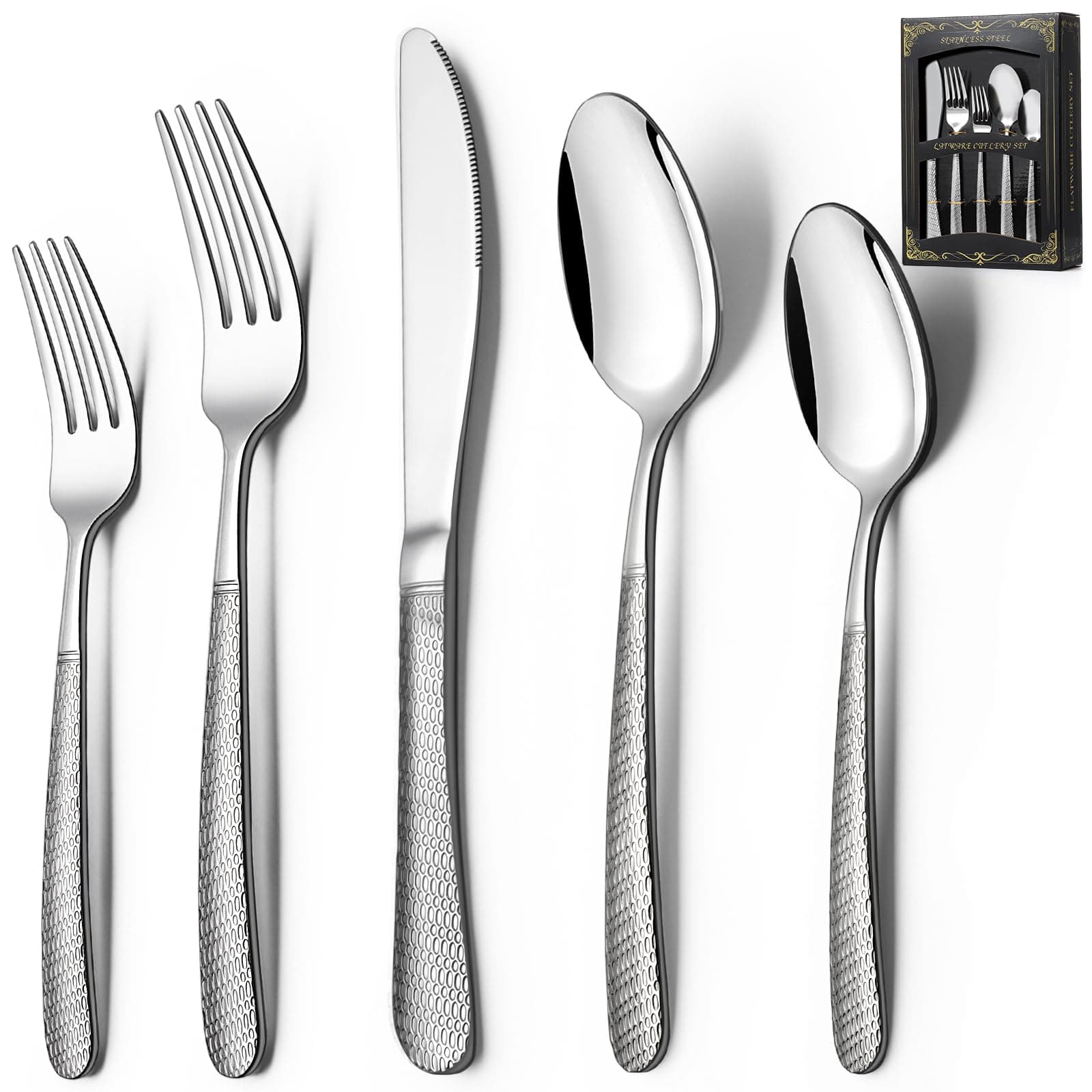 Deedro40-Piece Hammered Silverware Set, Stainless Steel Heavy Dury Flatware Set for 8, Food-Grade Tableware Cutlery Set, Utensil Sets for Home Restaurant, Mirror Finish, Dishwasher Safe