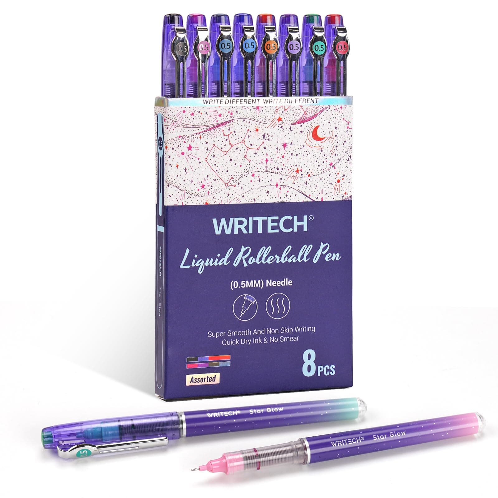 WRITECH Liquid Ink Rollerball Pens: 8ct Assorted Colors Extra Fine Point Tip 0.5mm Roller Ball Rolling Pen for Smooth Writing Coloring Drawing Journaling No Bleed & Smear &Smudge Multi Colored.