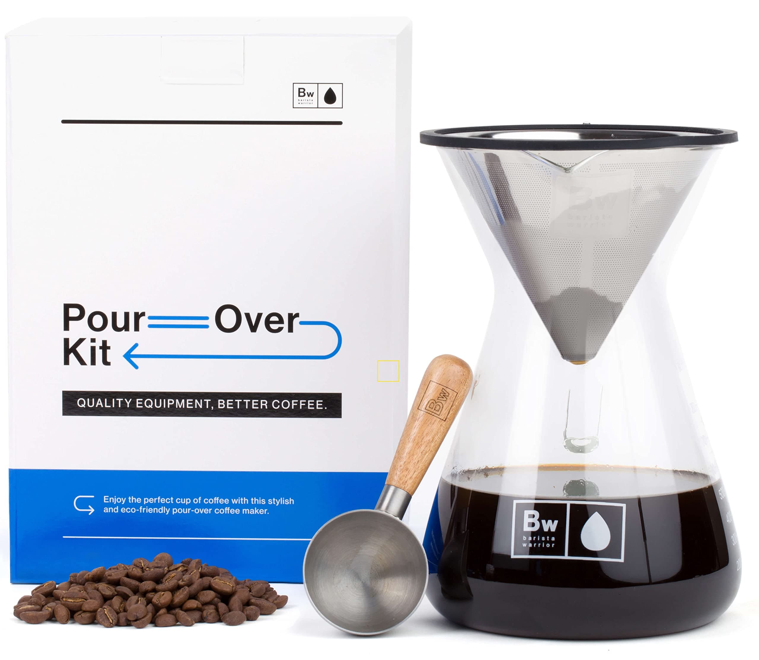 Barista WarriorPour Over Coffee Maker Set - Pour Over Kit Includes Large Glass Carafe and Reusable Dripper Coffee Filter and Coffee Scoop - 7 Cup Drip Coffee Brewer (34oz | 1000ml)