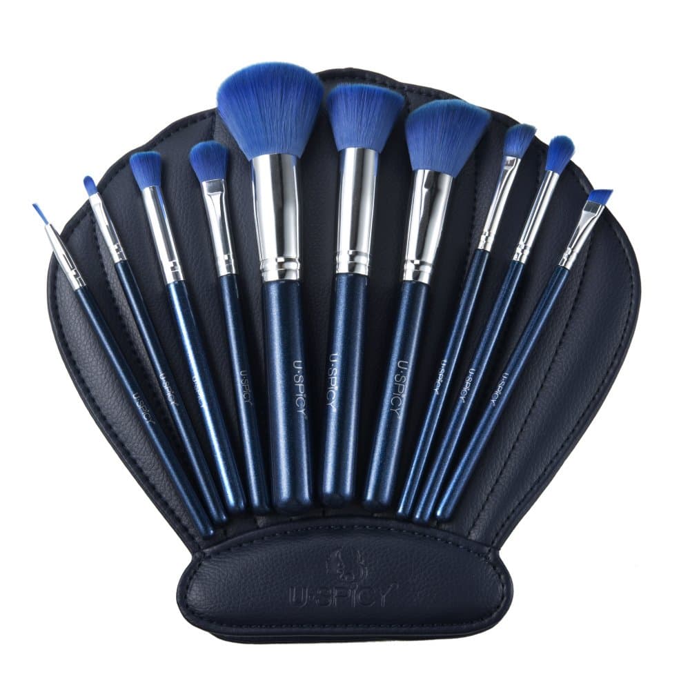 Makeup Brushes Set, USpicy 10pcs Professional Makeup Brush Set with Seashell Shaped PU Leather Case for Uniform Application of Blush, Liquids, Contouring & Powders