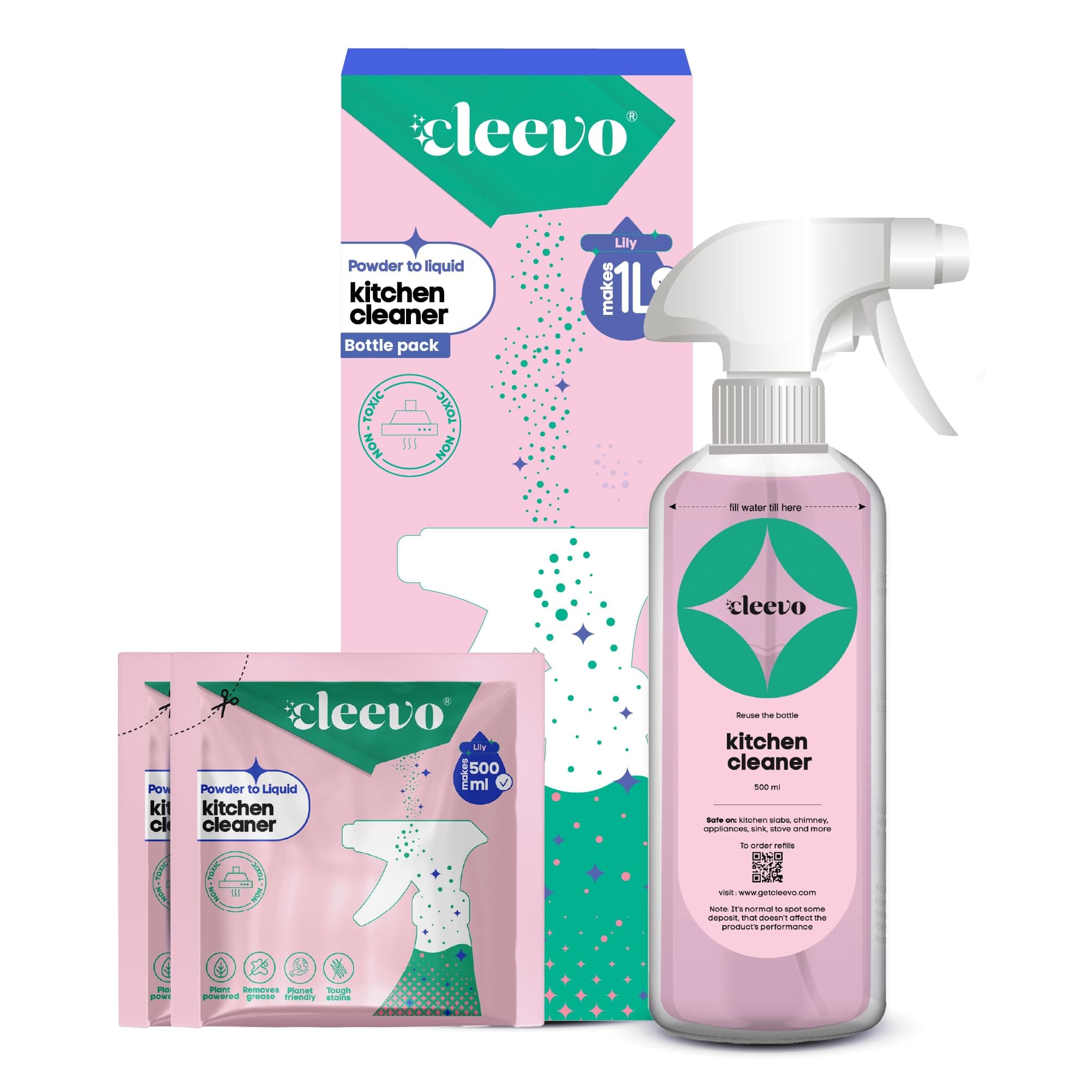 - Kitchen Cleaner Spray 1L Bottle Pack (2 Sachets makes 1 Litre)|Powder to Liquid | | Non-Toxic Degreaser for Gas Stove, Chimney & Countertop | Surface Cleaner (Lilly)