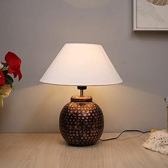 Homesake ® Antique LED Table Lamp Hammered Oil-Rubbed Bronze Metal Linen Drum Shade for Living Room Family Bedroom, (Ginger Jar, White)