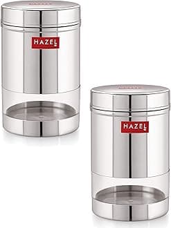HAZEL Stainless Steel Transparent Wide Mouth See Through Container, Silver, Set of 2, 600 Ml